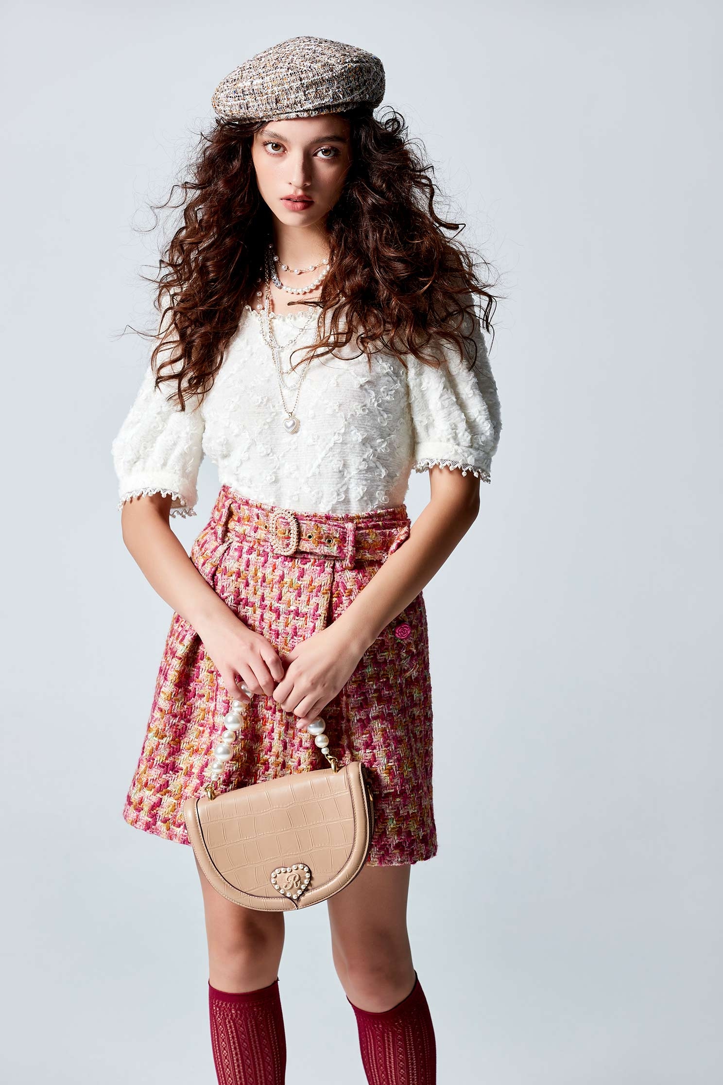 Front Pleat Tweed SkirtFront Pleat Tweed Skirt,pearl,Mini skirts,Season (AW) Look,Belts