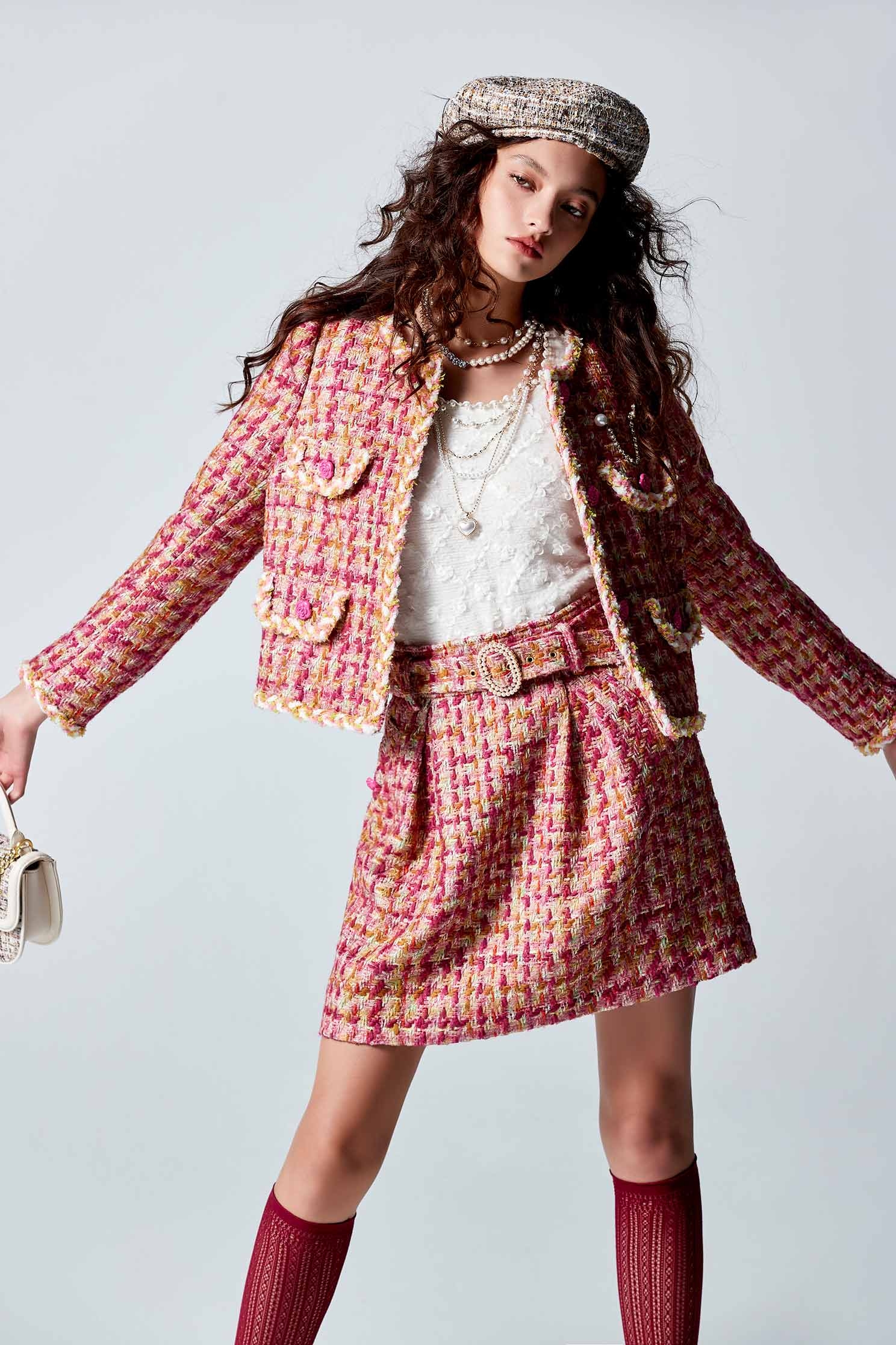 Front Pleat Tweed SkirtFront Pleat Tweed Skirt,pearl,Mini skirts,Season (AW) Look,Belts