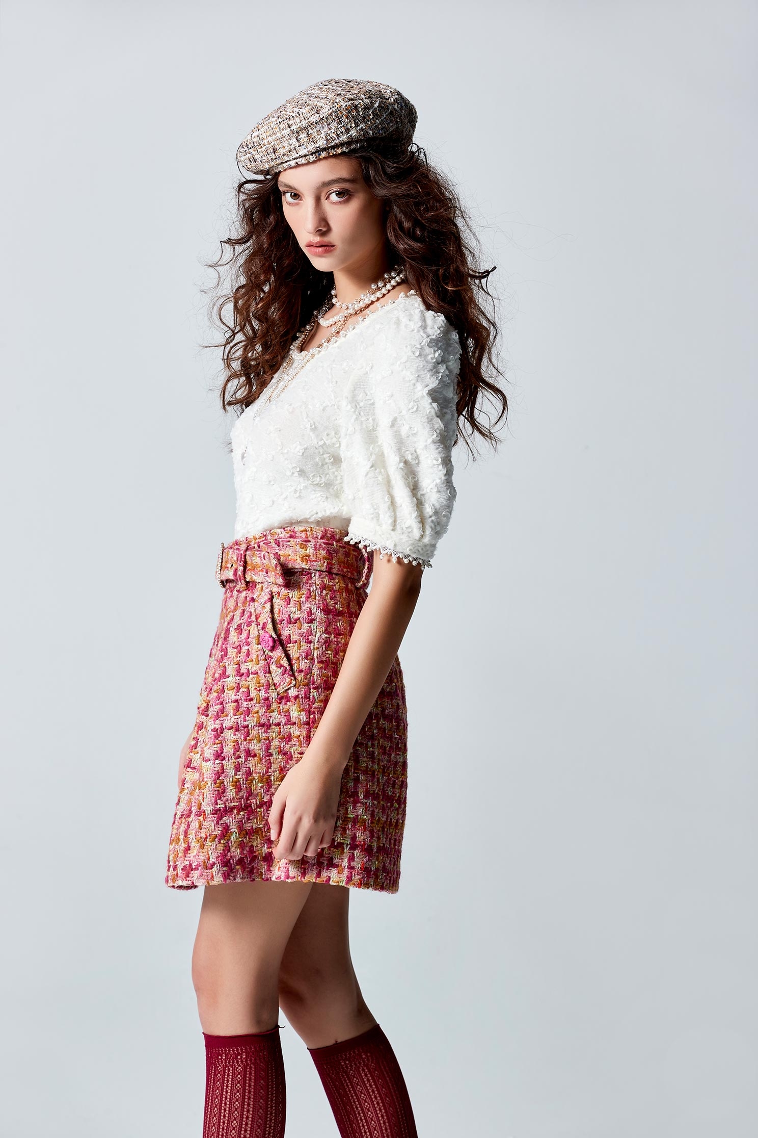 Front Pleat Tweed SkirtFront Pleat Tweed Skirt,pearl,Mini skirts,Season (AW) Look,Belts