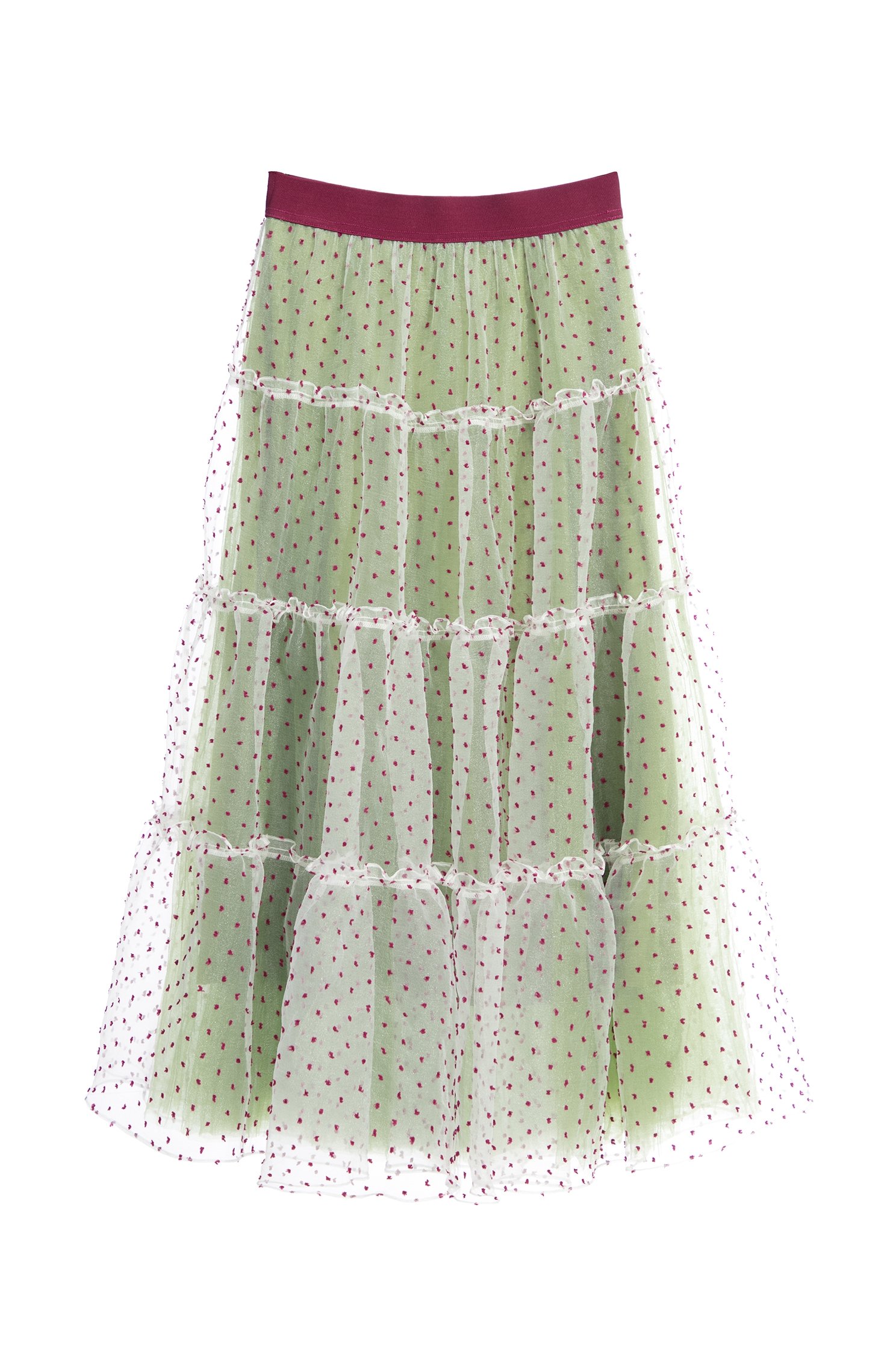 Red Dotted Mesh Tiered SkirtRed Dotted Mesh Tiered Skirt,dotcollection,Season (AW) Look,Layered skirts,Midi skirts