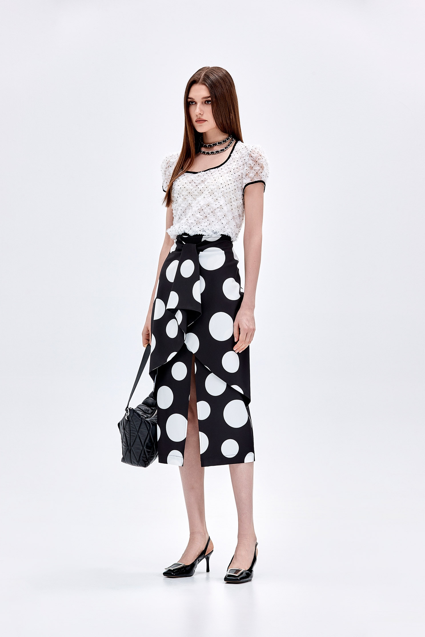 Polka Dot Tie Front Layer SkirtPolka Dot Tie Front Layer Skirt,dotcollection,Season (AW) Look,Midi skirts