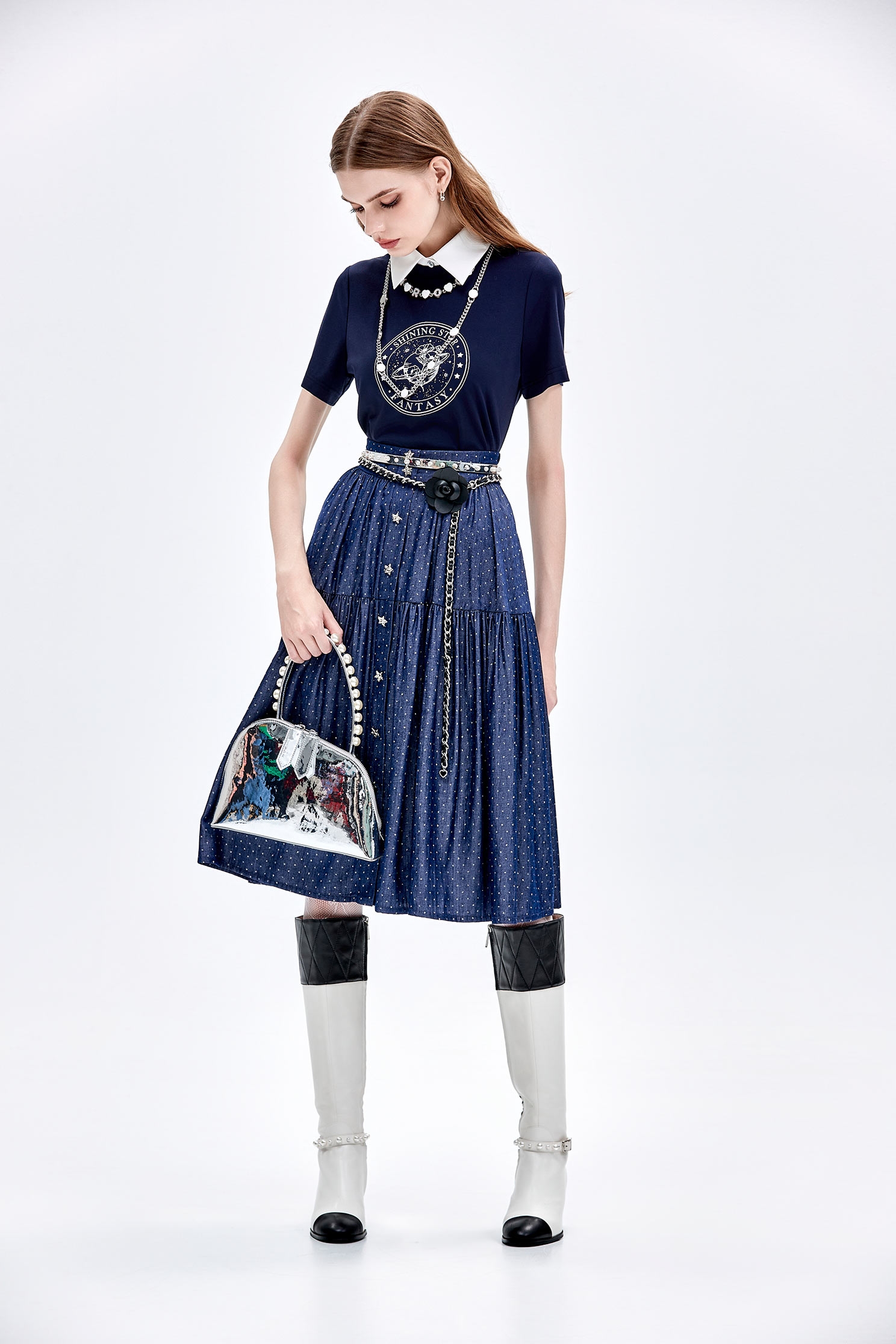 Sequin Detail Navy Tiered SkirtSequin Detail Navy Tiered Skirt,Season (AW) Look,Midi skirts