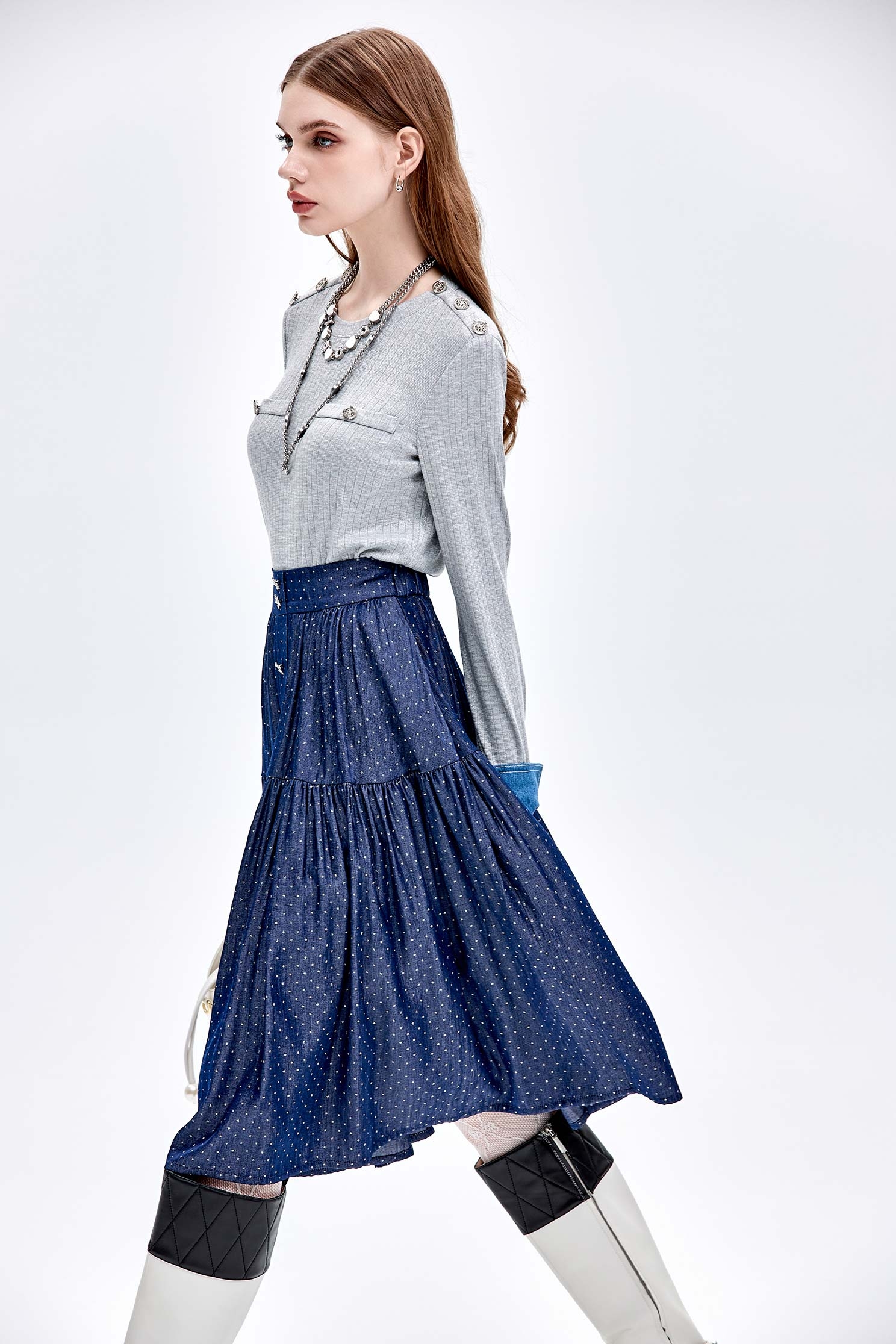 Sequin Detail Navy Tiered SkirtSequin Detail Navy Tiered Skirt,Season (AW) Look,Midi skirts