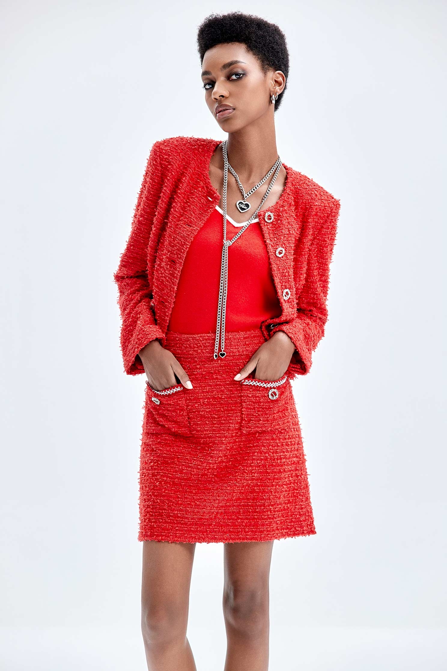 Red Tweed Skirt With Patch PocketsRed Tweed Skirt With Patch Pockets,Mini skirts,Season (AW) Look