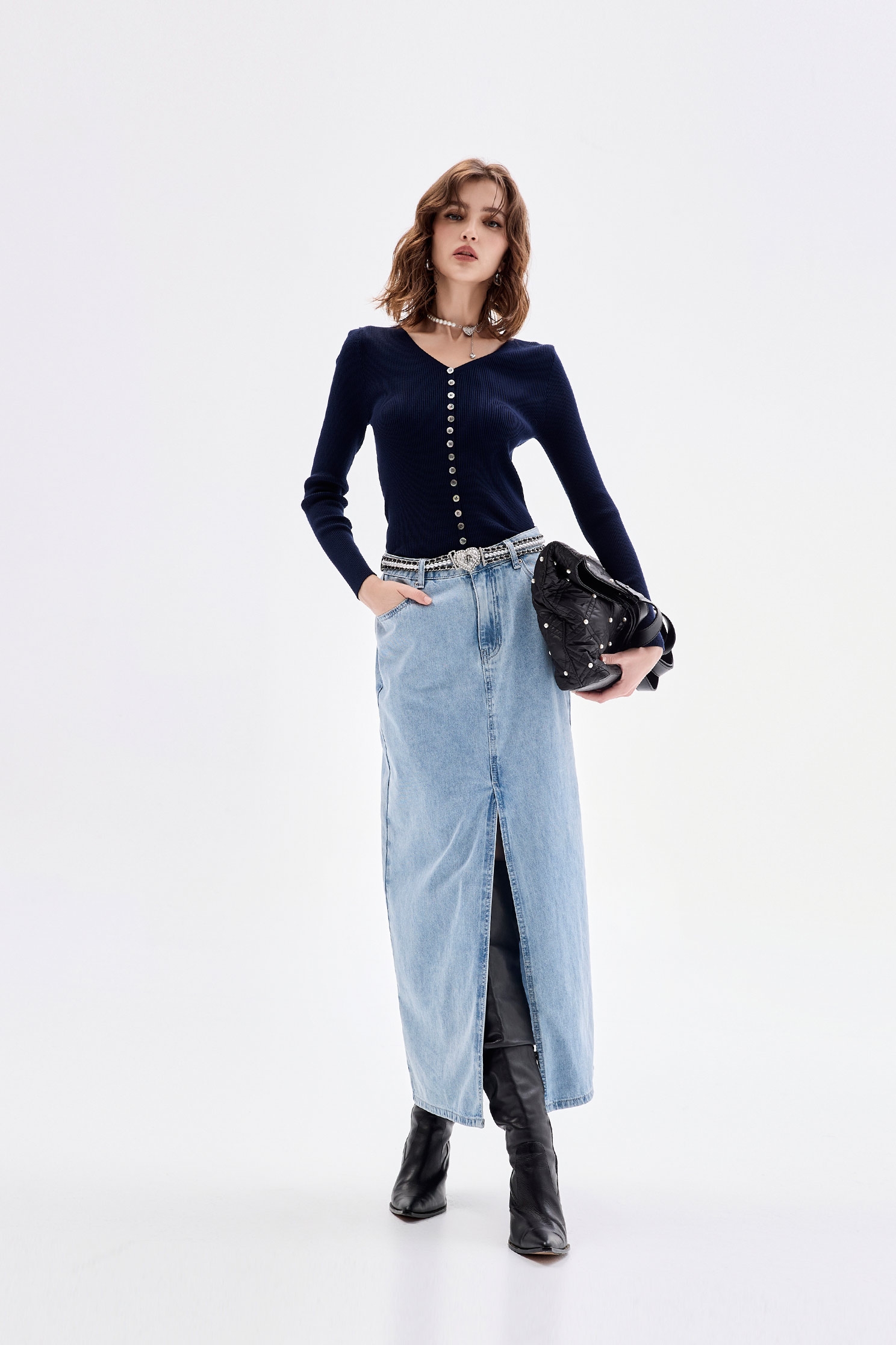 Front Slit Maxi Denim SkirtFront Slit Maxi Denim Skirt,Denim,Denim skirts,Season (AW) Look,Midi skirts