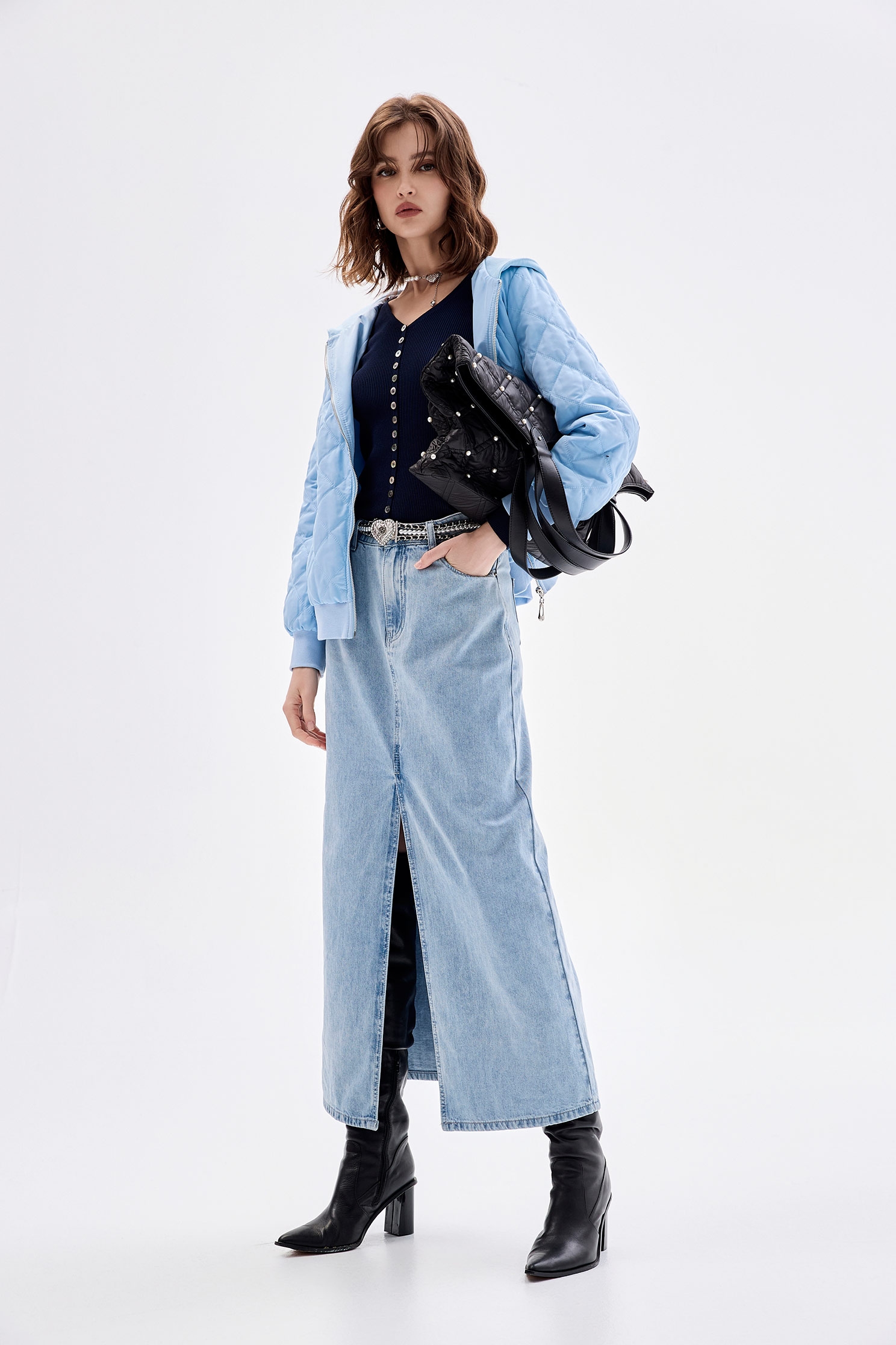 Front Slit Maxi Denim SkirtFront Slit Maxi Denim Skirt,Denim,Denim skirts,Season (AW) Look,Midi skirts