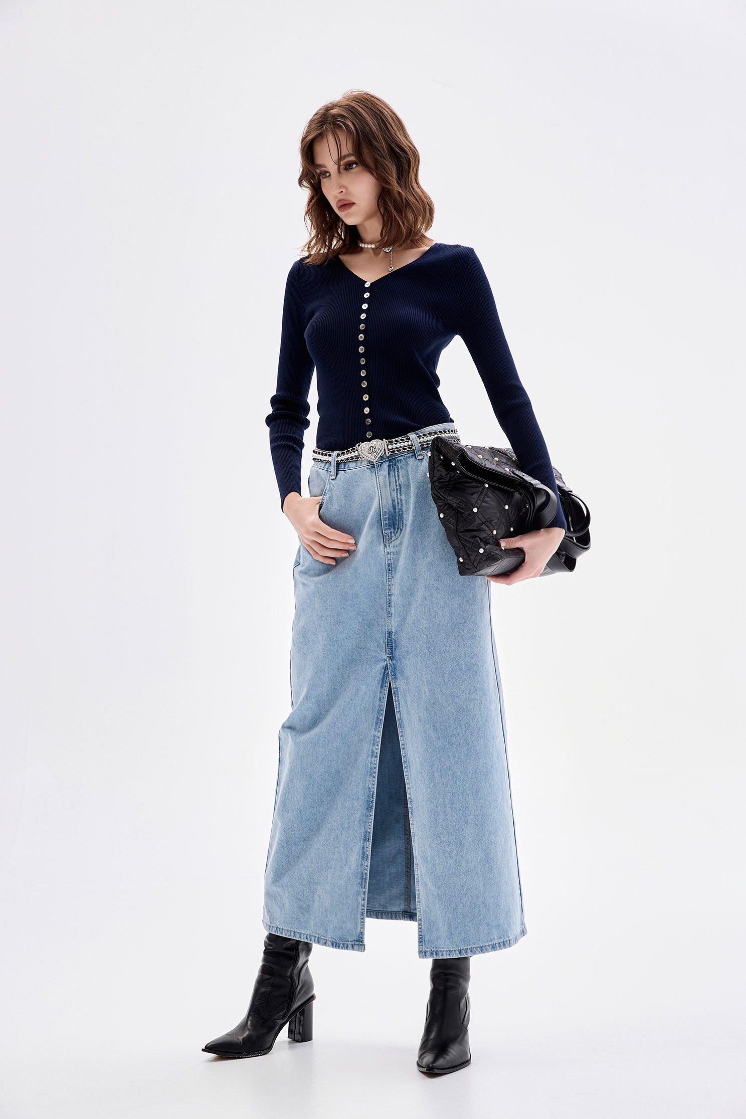 Front Slit Maxi Denim SkirtFront Slit Maxi Denim Skirt,Denim,Denim skirts,Season (AW) Look,Midi skirts