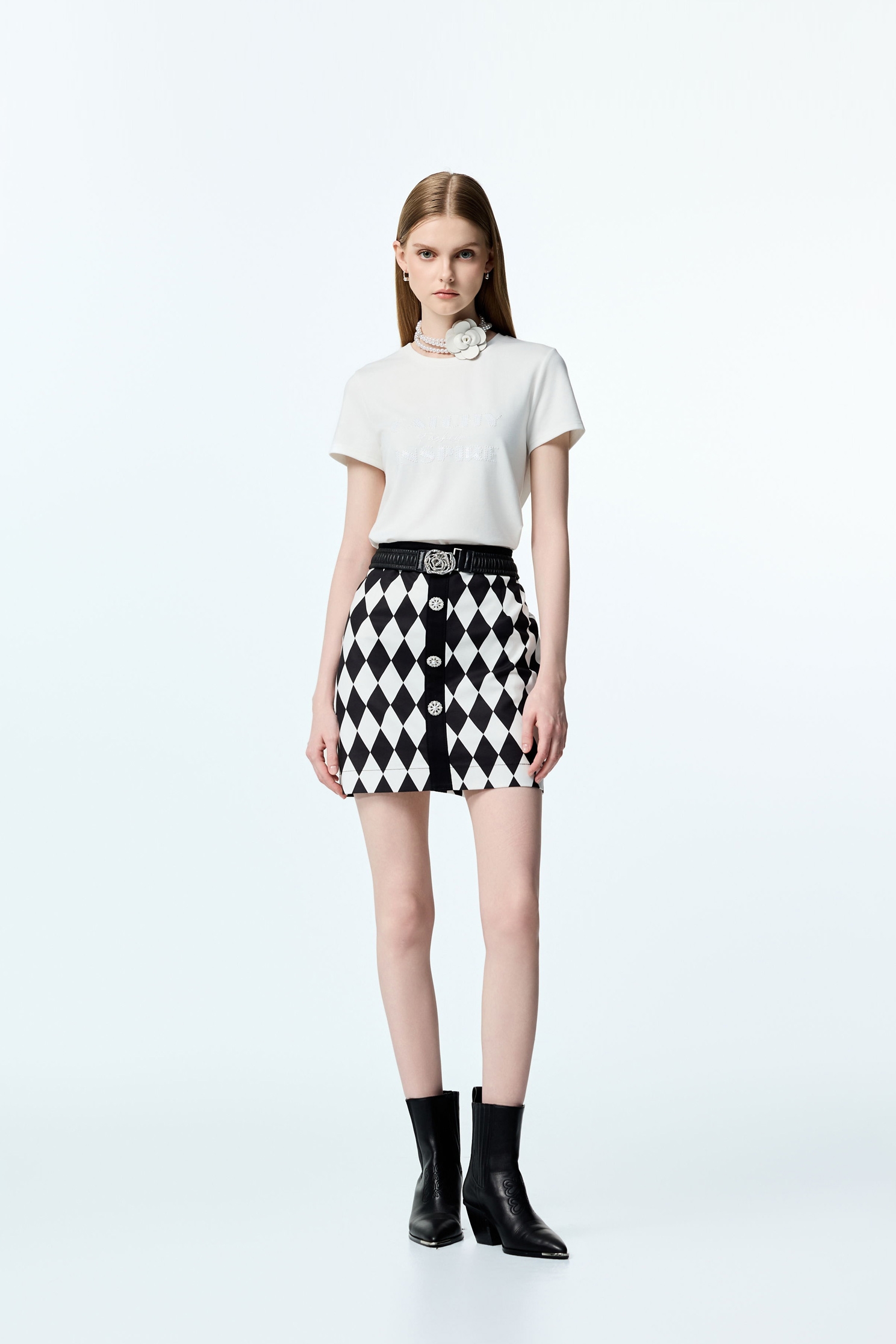 Black White Diamond Print SkirtBlack White Diamond Print Skirt,Plaid,pearl,Mini skirts,Season (AW) Look