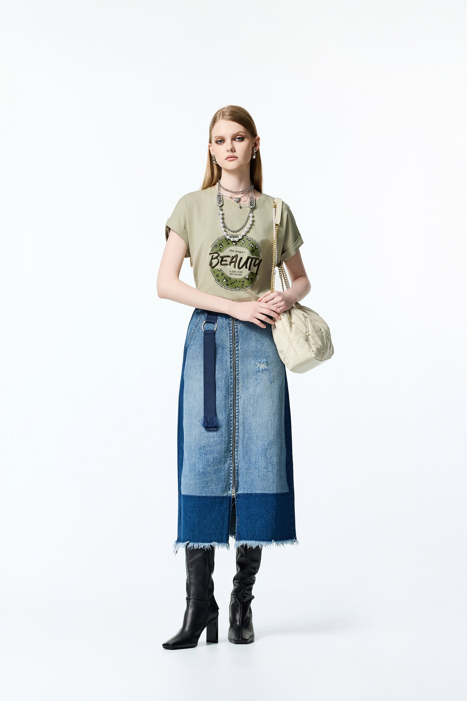 Contrast Tone Front Zip Denim SkirtContrast Tone Front Zip Denim Skirt,Denim,Denim,Season (AW) Look,Midi skirts
