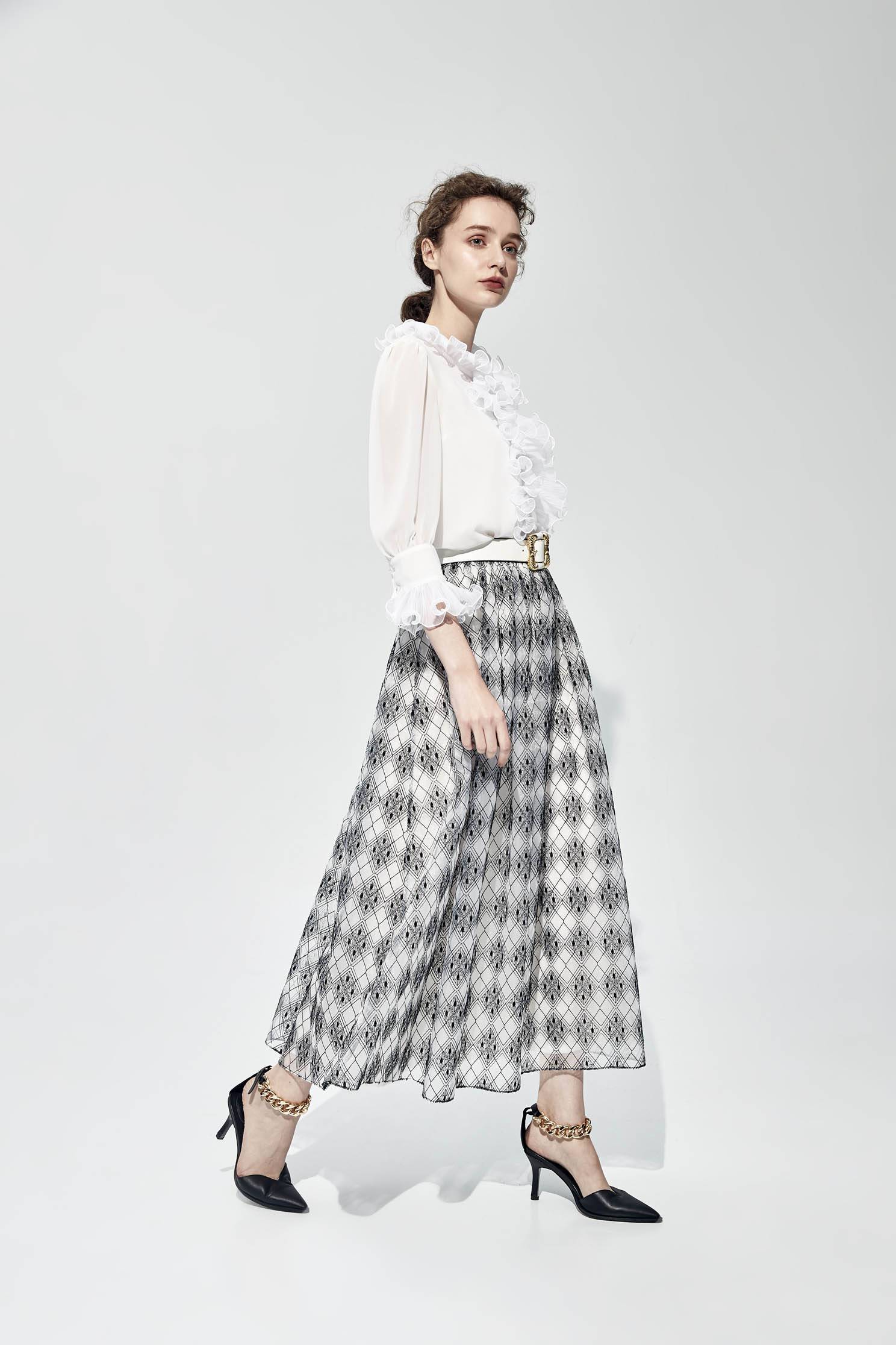 Black White Diamond Print SkirtEmbroidey organza long skirt,Embroidered,Queen,Season (SS) Look,relaxrestrictions,Midi skirts