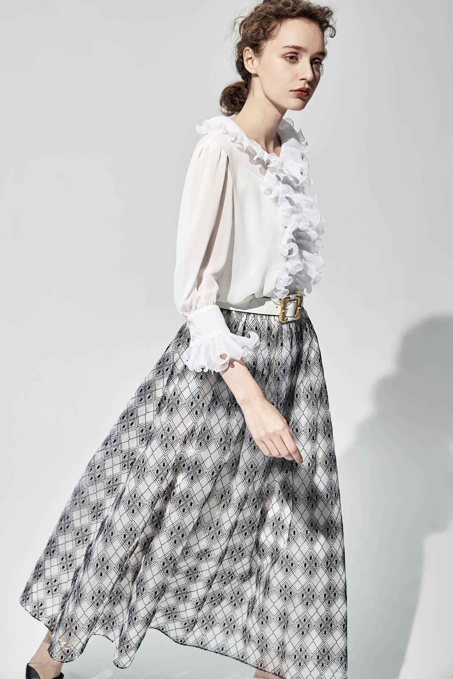 Black White Diamond Print SkirtEmbroidey organza long skirt,Embroidered,Queen,Season (SS) Look,relaxrestrictions,Midi skirts