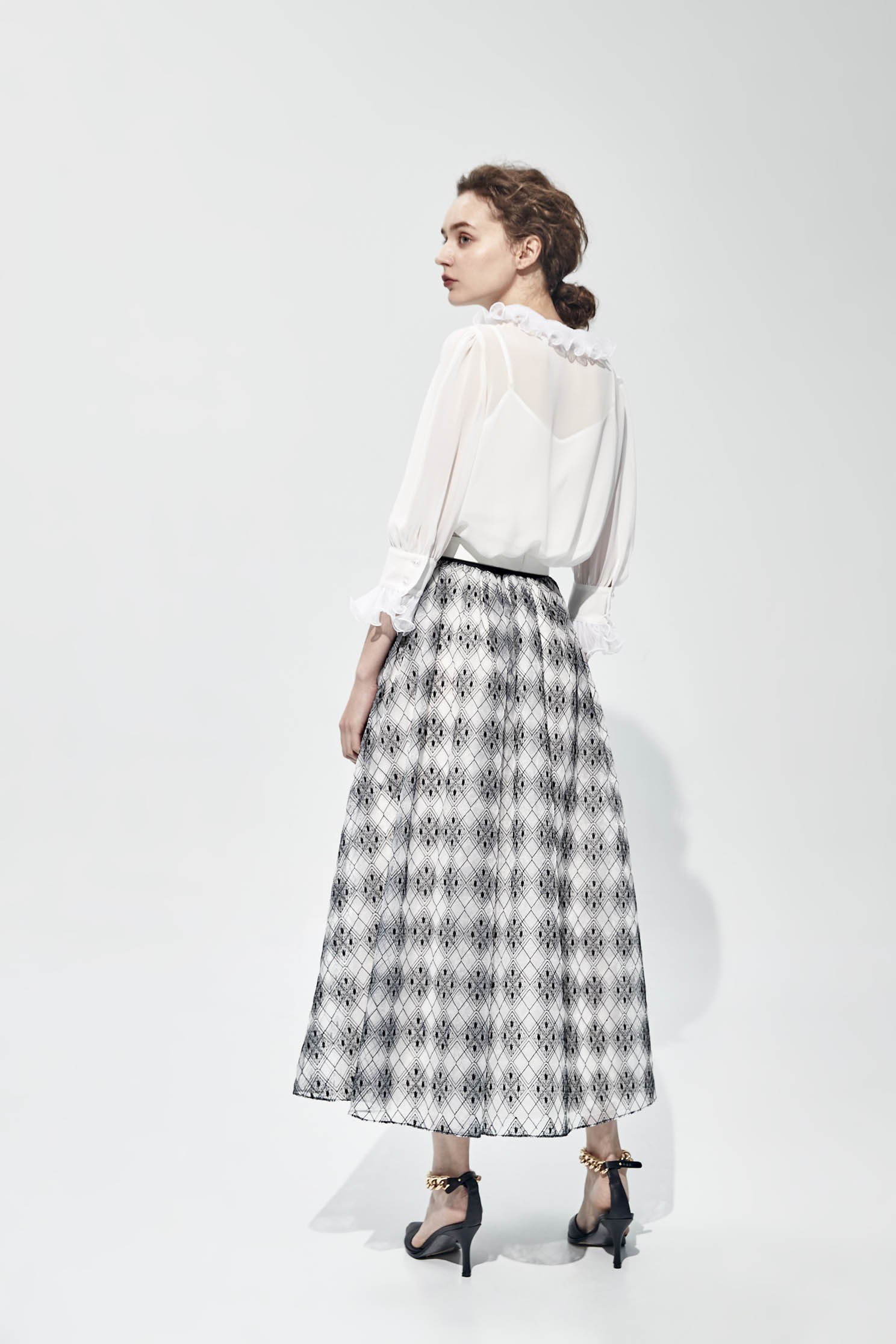 Black White Diamond Print SkirtEmbroidey organza long skirt,Embroidered,Queen,Season (SS) Look,relaxrestrictions,Midi skirts