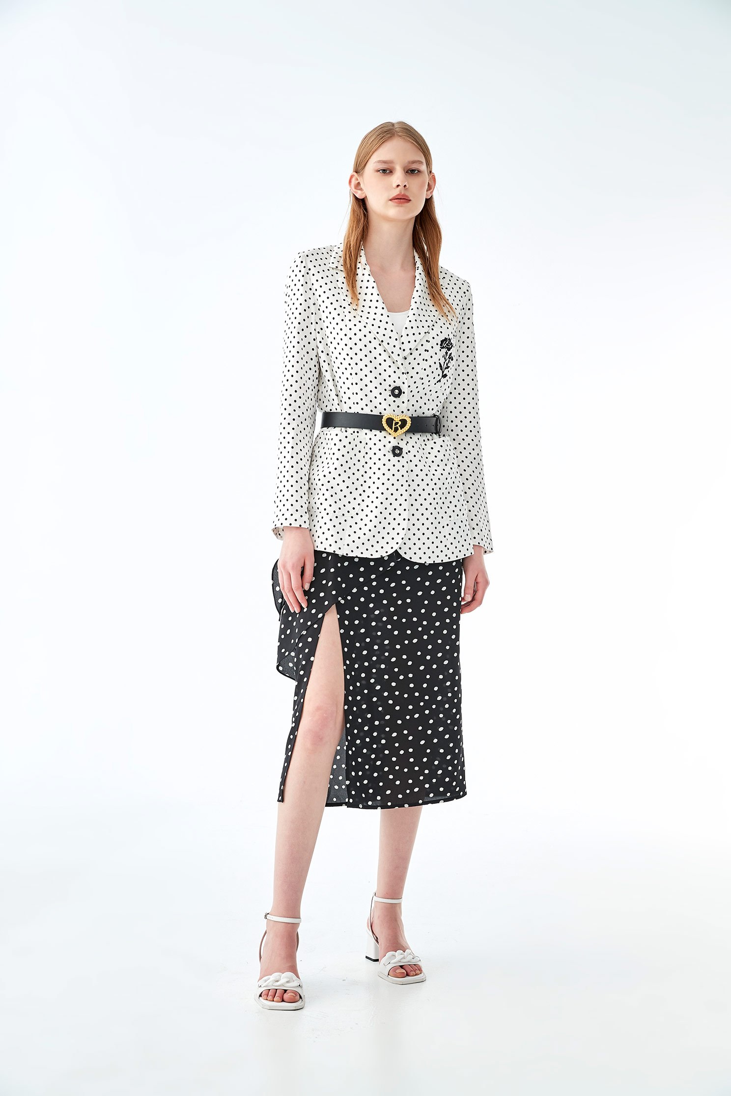 White Dotted Skirt With Pleated DetailMidi skirt with polka dot,Season (SS) Look,Pencil skirts,Midi skirts