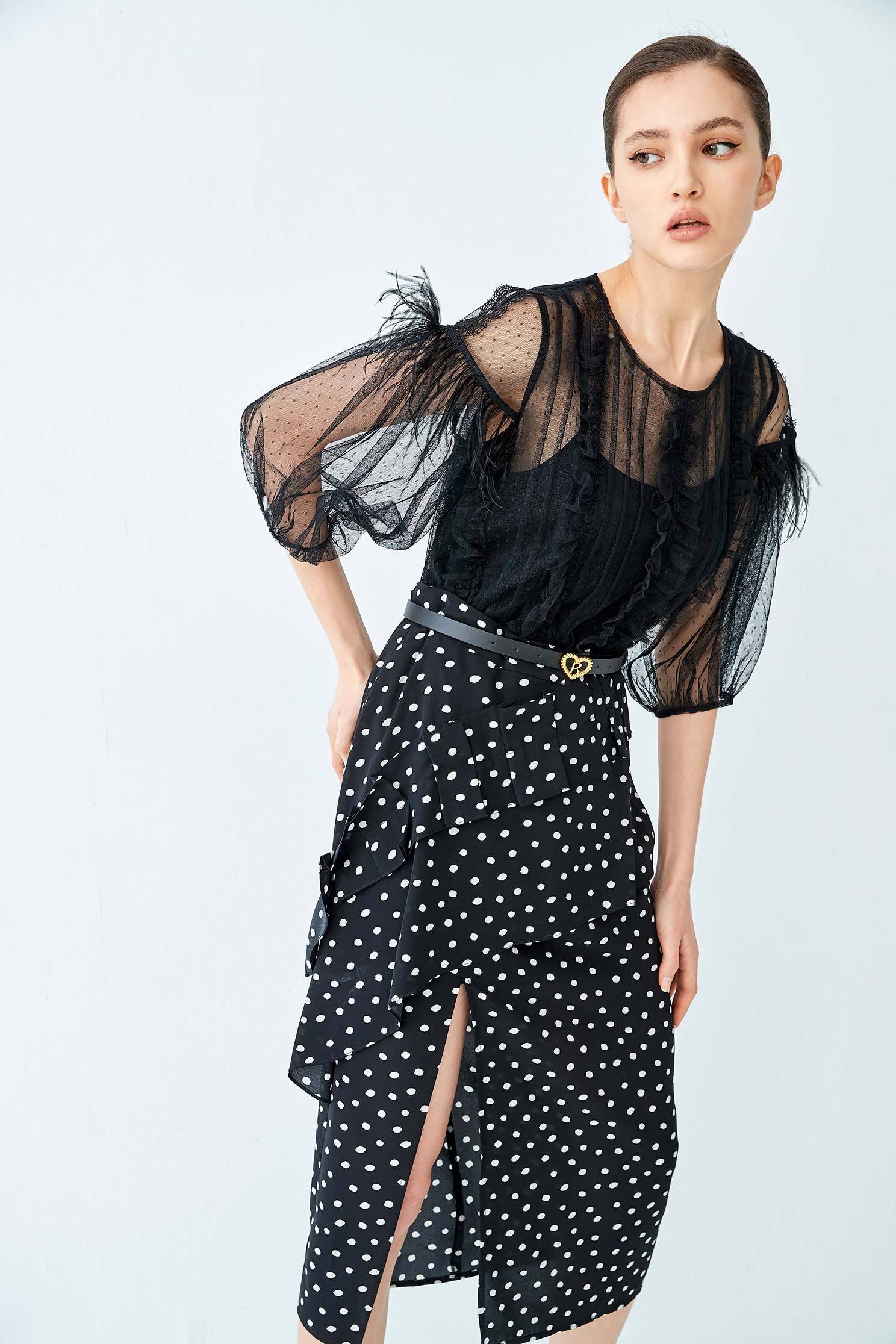 White Dotted Skirt With Pleated DetailMidi skirt with polka dot,Season (SS) Look,Pencil skirts,Midi skirts