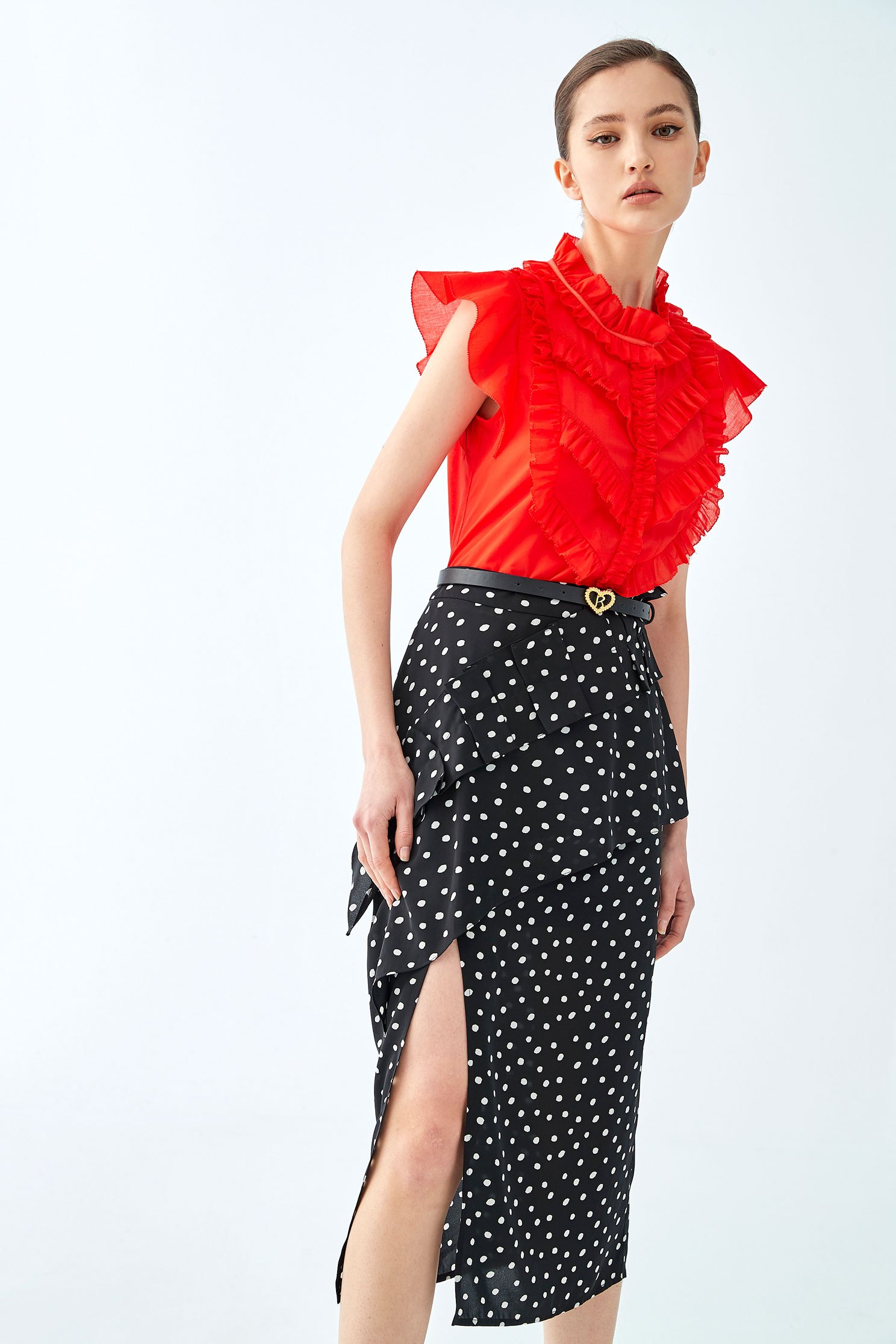 White Dotted Skirt With Pleated DetailMidi skirt with polka dot,Season (SS) Look,Pencil skirts,Midi skirts