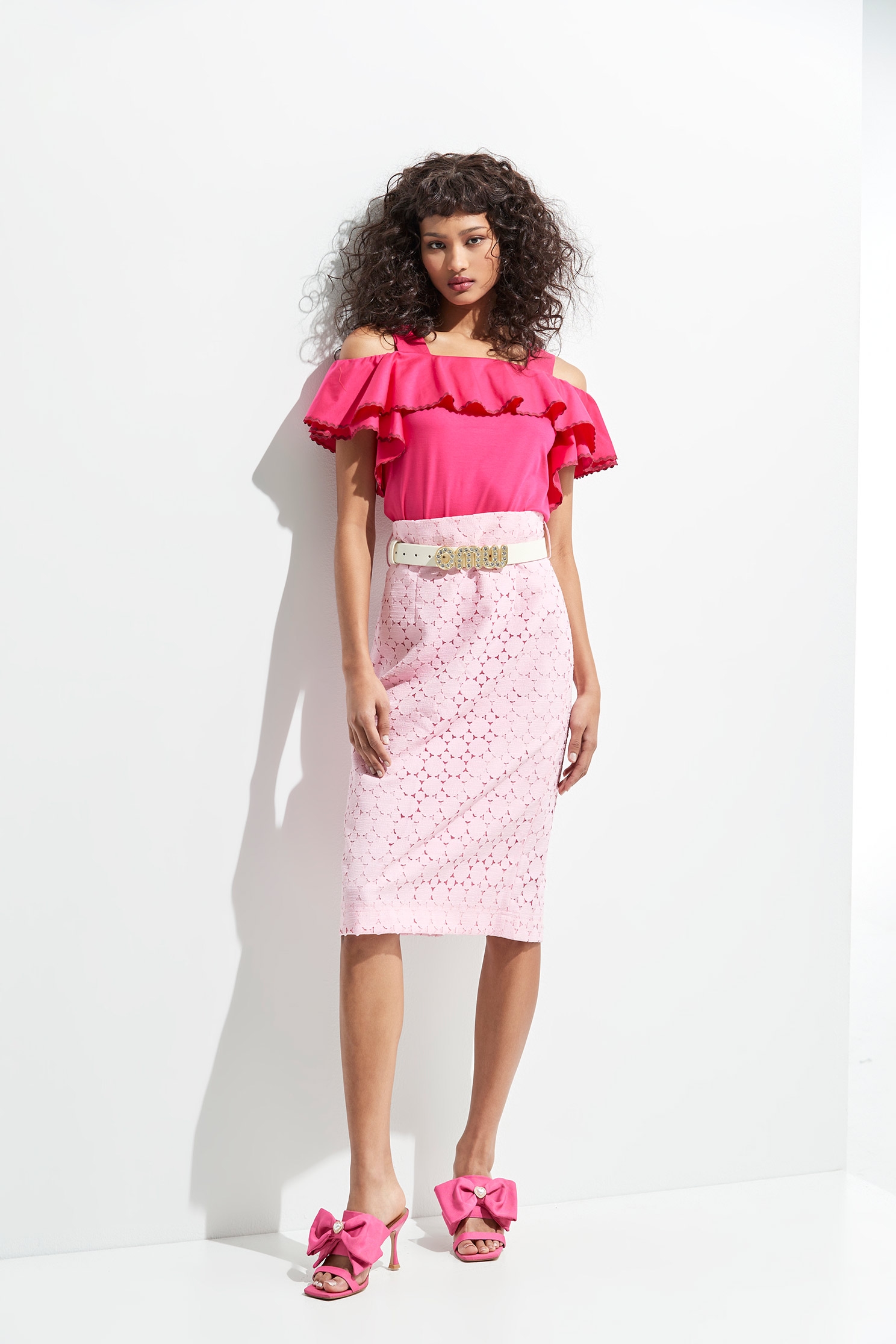 Cut-Out Lace Pink Pencil SkirtLong skirt with cutwork embroidery,Season (SS) Look,Pencil skirts,Pink,Valentine,Belts,Midi skirts