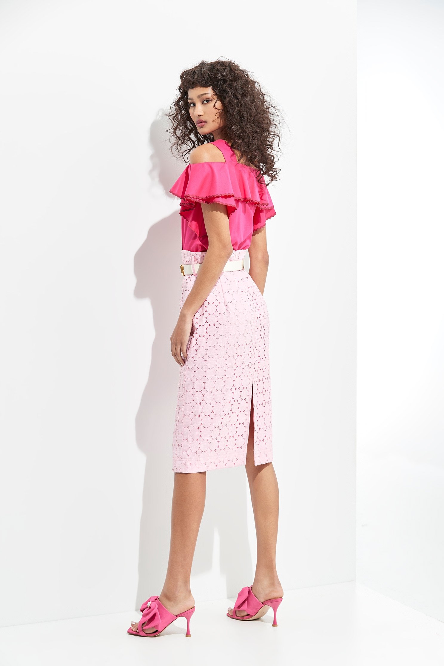 Cut-Out Lace Pink Pencil SkirtLong skirt with cutwork embroidery,Season (SS) Look,Pencil skirts,Pink,Valentine,Belts,Midi skirts