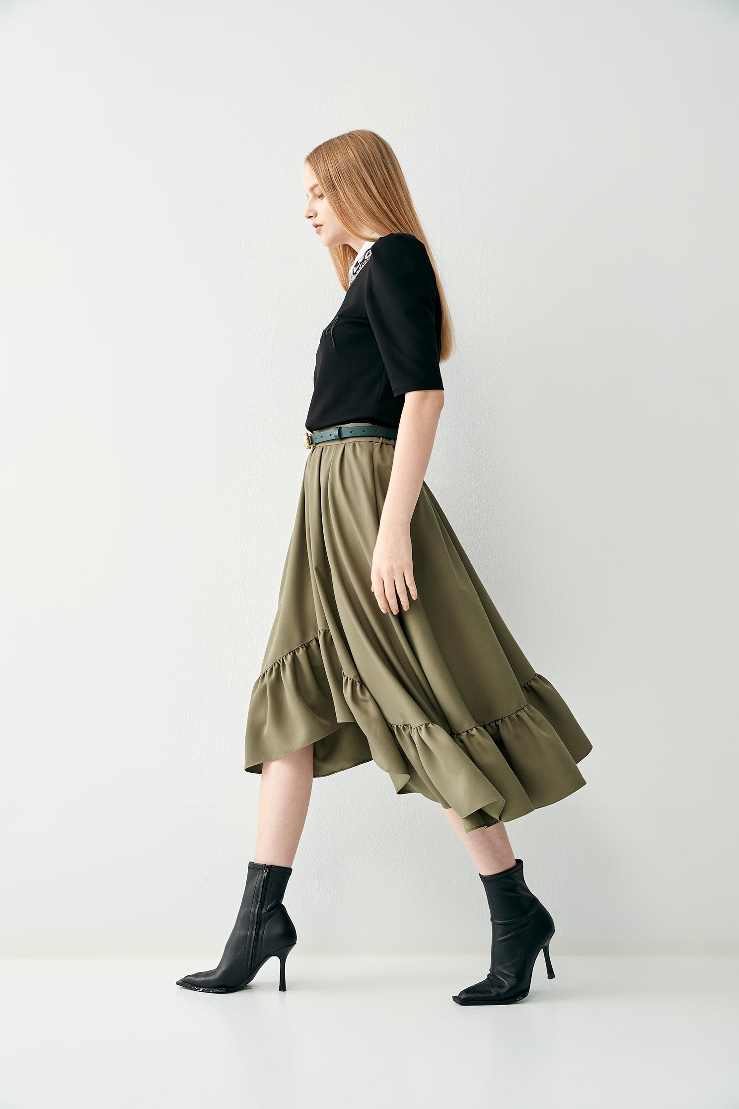 Asymmetric Green Midi SkirtBasil green skirt with folded ruffle design,Queen,Season (SS) Look,Midi skirts