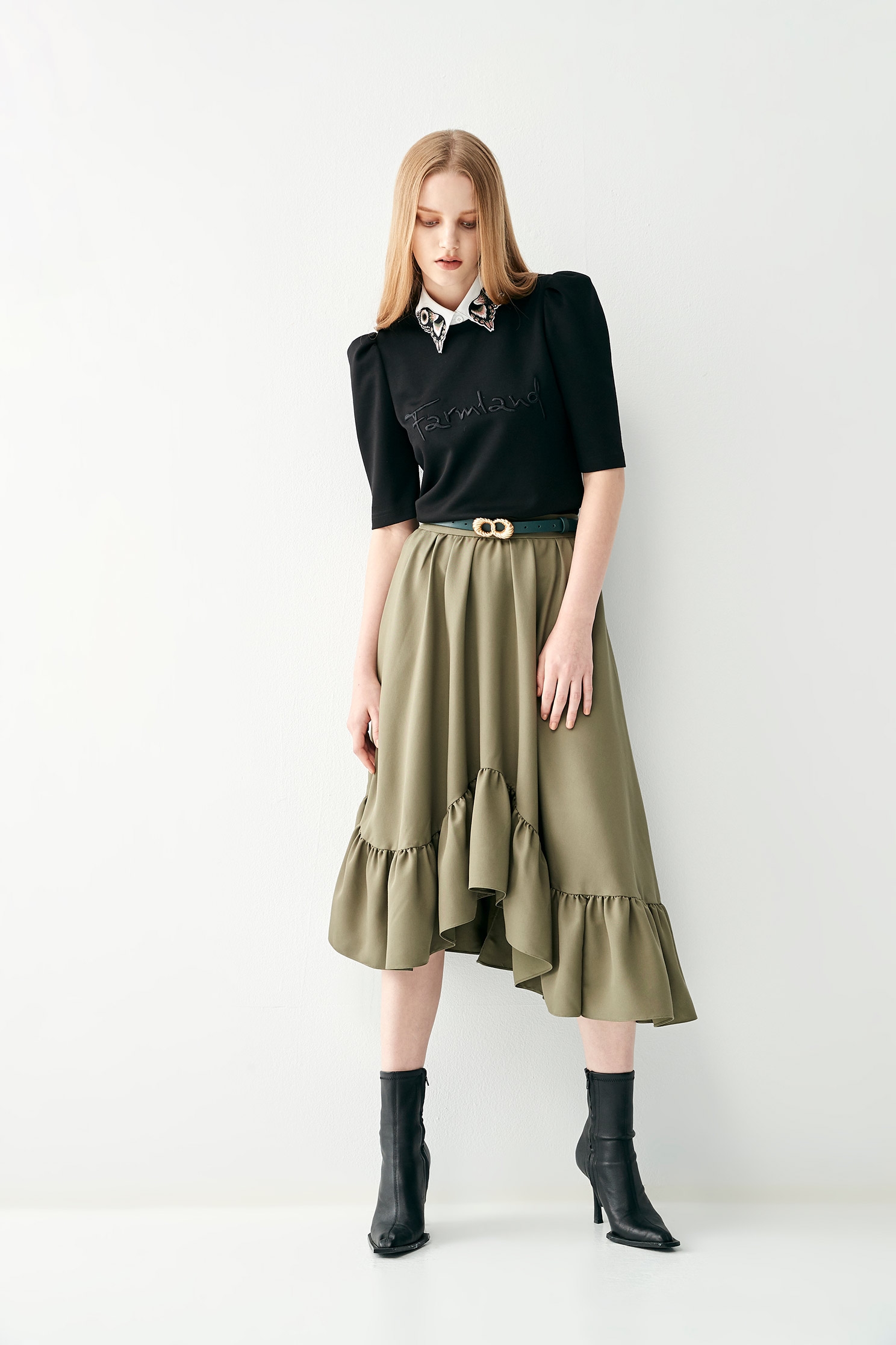 Asymmetric Green Midi SkirtBasil green skirt with folded ruffle design,Queen,Season (SS) Look,Midi skirts