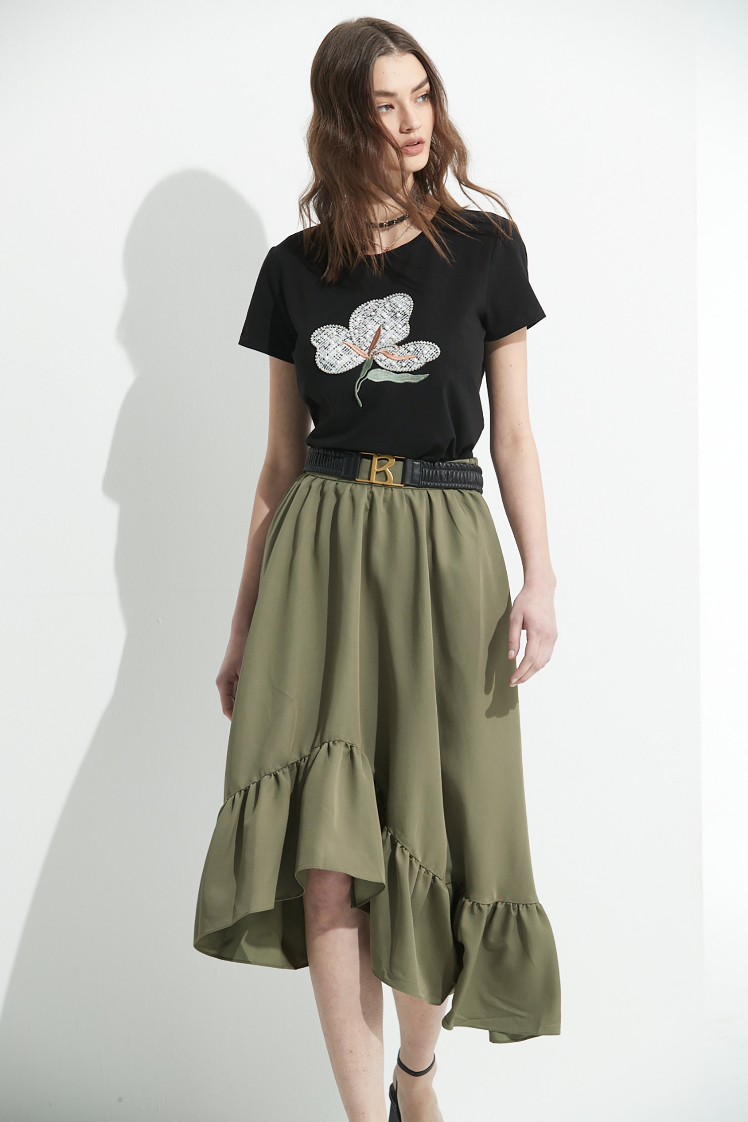 Asymmetric Green Midi SkirtBasil green skirt with folded ruffle design,Queen,Season (SS) Look,Midi skirts