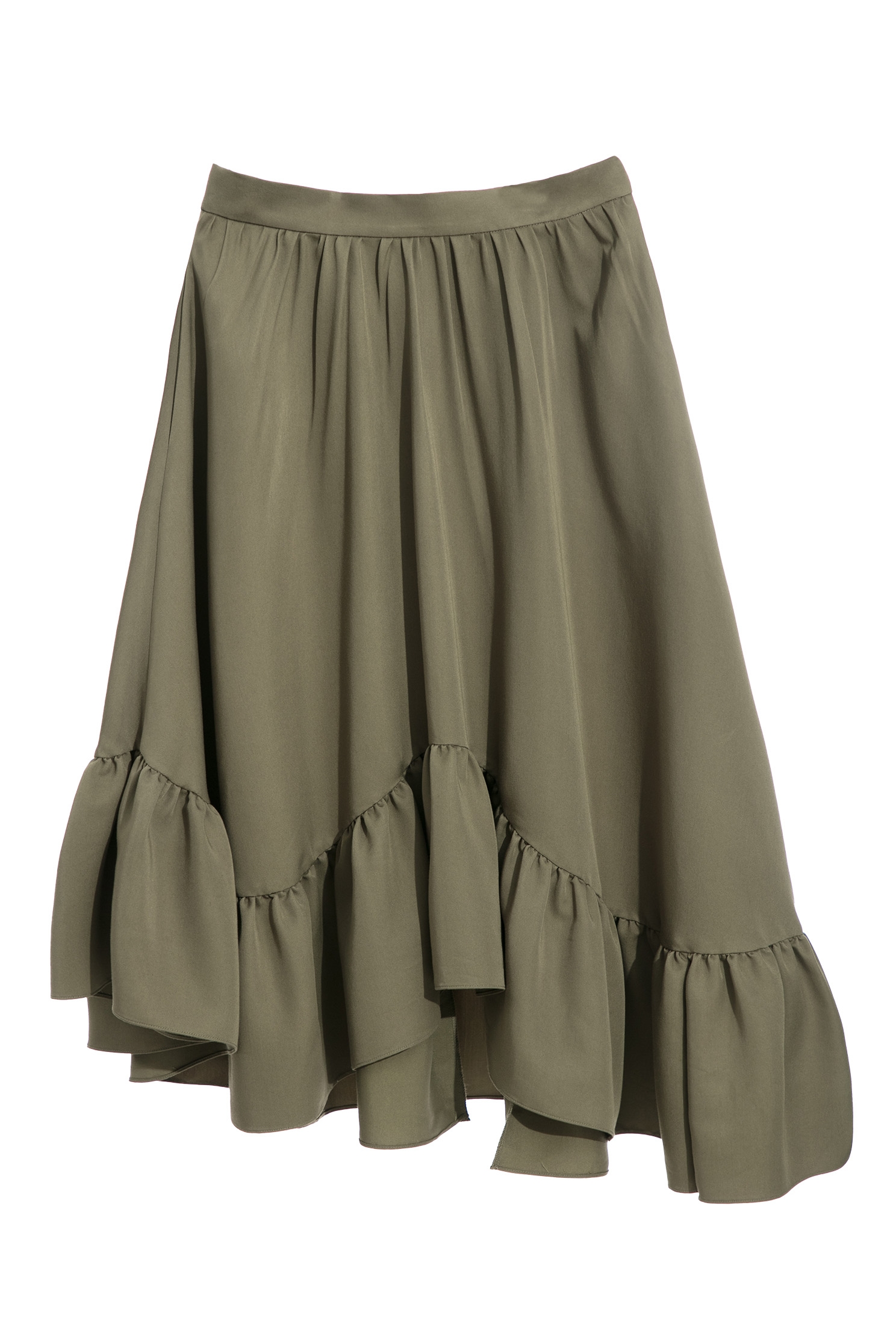 Asymmetric Green Midi SkirtBasil green skirt with folded ruffle design,Queen,Season (SS) Look,Midi skirts