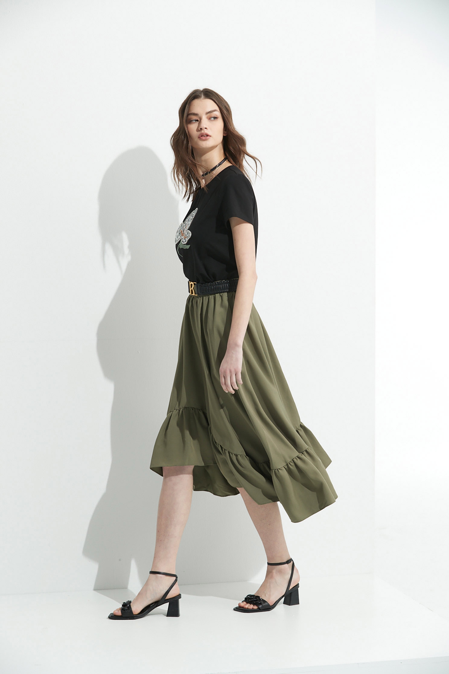 Asymmetric Green Midi SkirtBasil green skirt with folded ruffle design,Queen,Season (SS) Look,Midi skirts