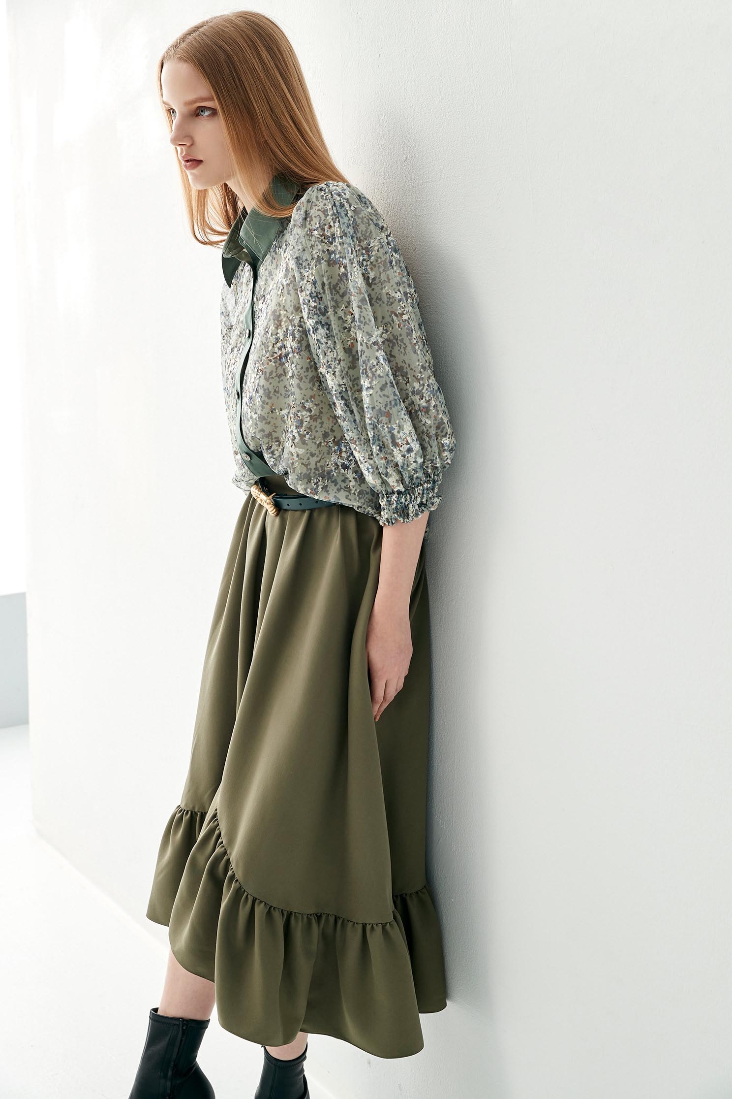 Asymmetric Green Midi SkirtBasil green skirt with folded ruffle design,Queen,Season (SS) Look,Midi skirts