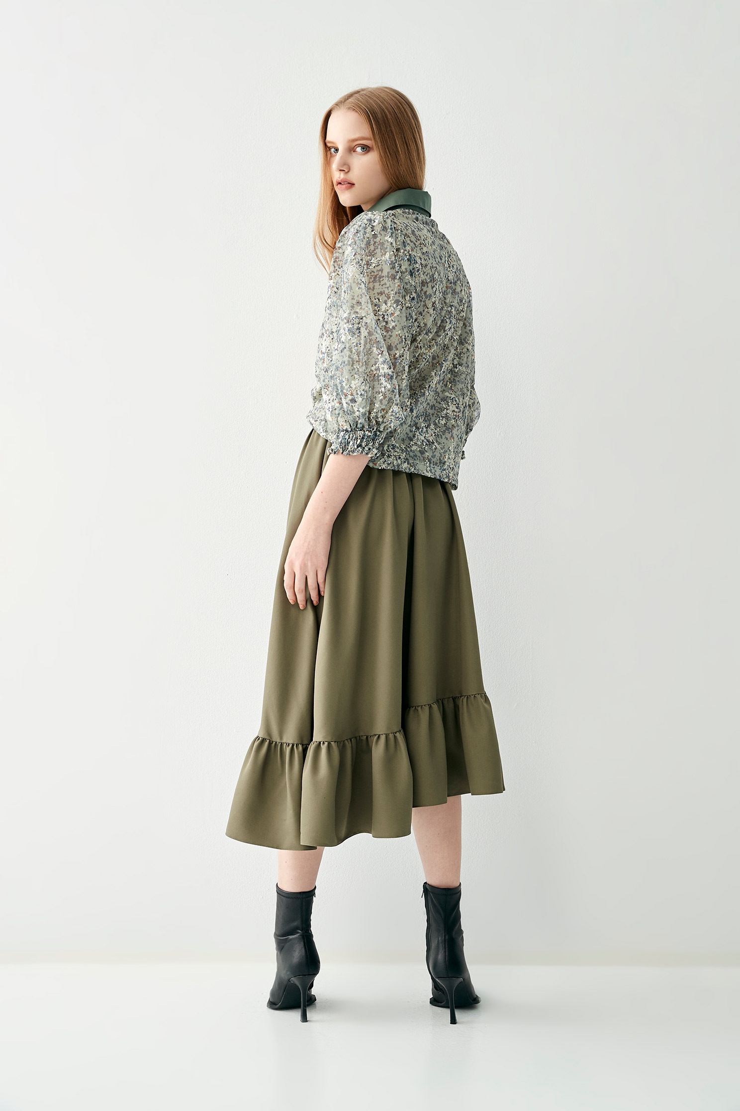 Asymmetric Green Midi SkirtBasil green skirt with folded ruffle design,Queen,Season (SS) Look,Midi skirts