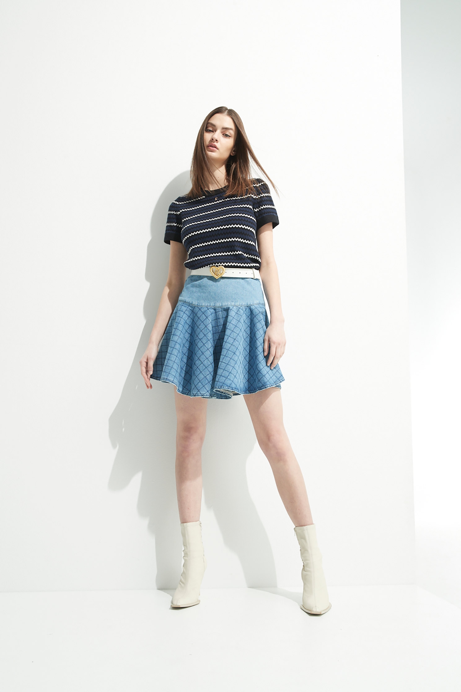 Checkered Print Flare SkirtDiamond checked denim circle skirt,Season (SS) Look,Plaid,Denim,Denim mini skirts,Mini skirts,Cotton