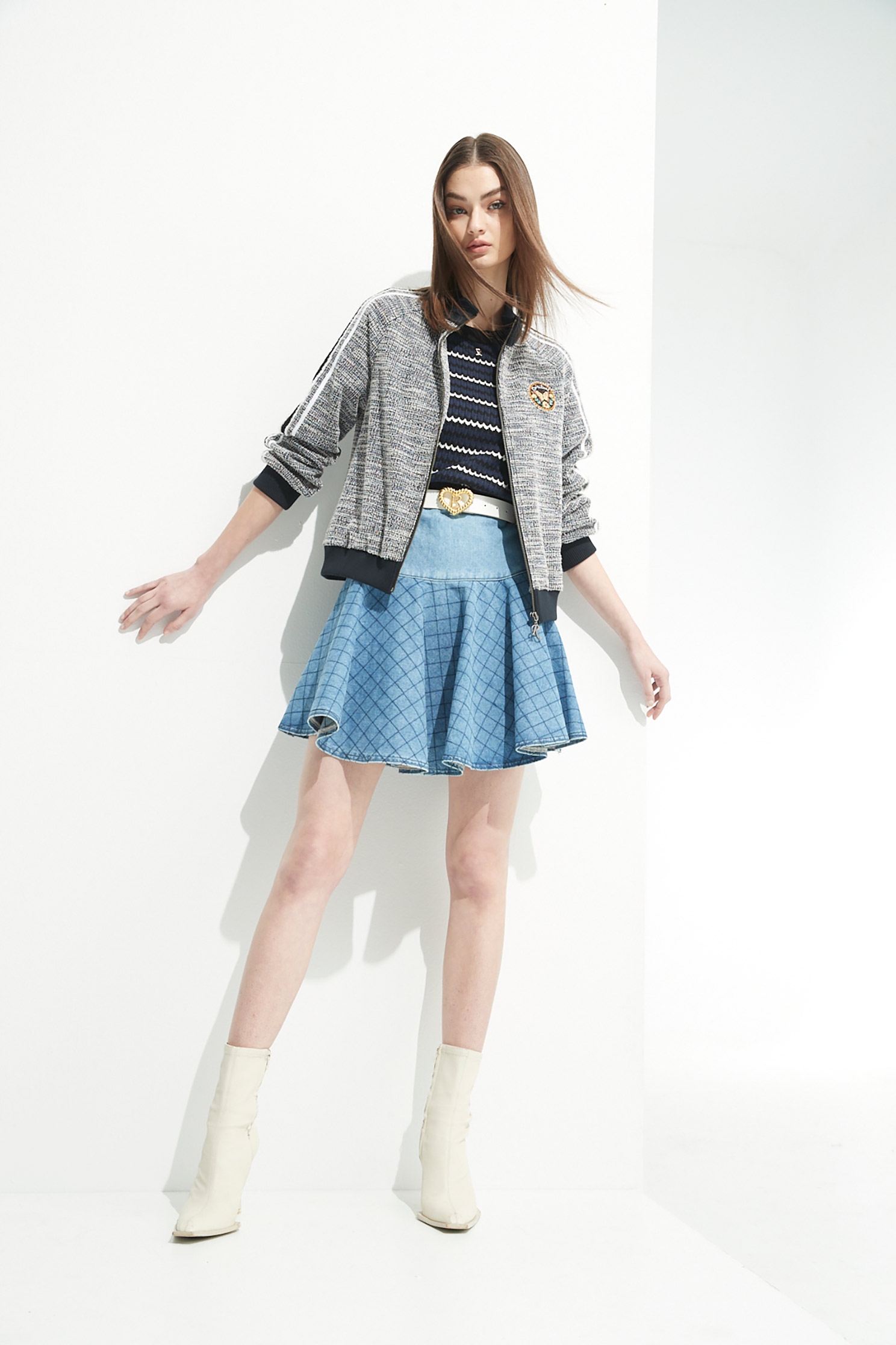 Checkered Print Flare SkirtDiamond checked denim circle skirt,Season (SS) Look,Plaid,Denim,Denim mini skirts,Mini skirts,Cotton