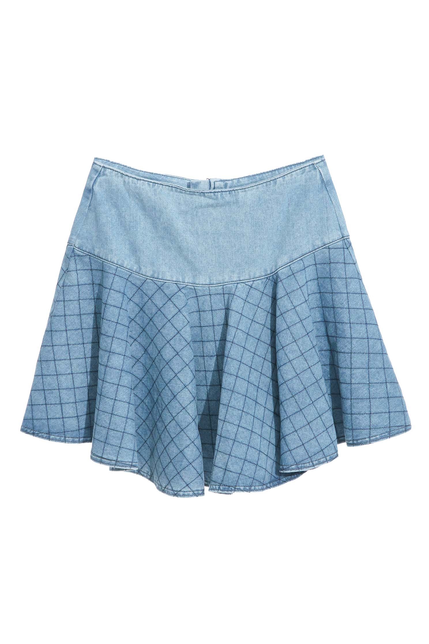 Checkered Print Flare SkirtDiamond checked denim circle skirt,Season (SS) Look,Plaid,Denim,Denim mini skirts,Mini skirts,Cotton