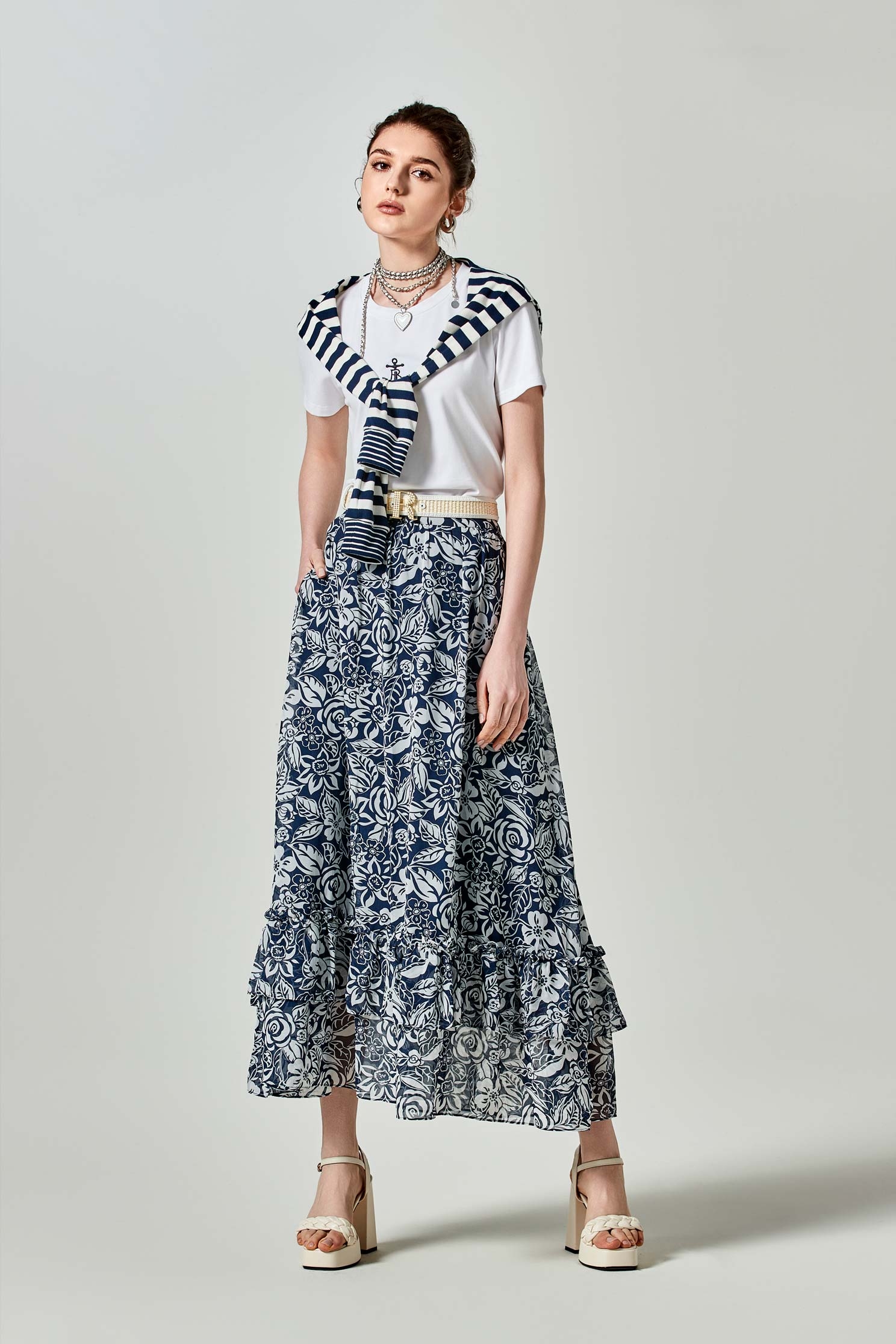 Floral Print Ruffle SkirtLong skirt with Blue Daze print,Season (SS) Look,Midi skirts,Chiffon