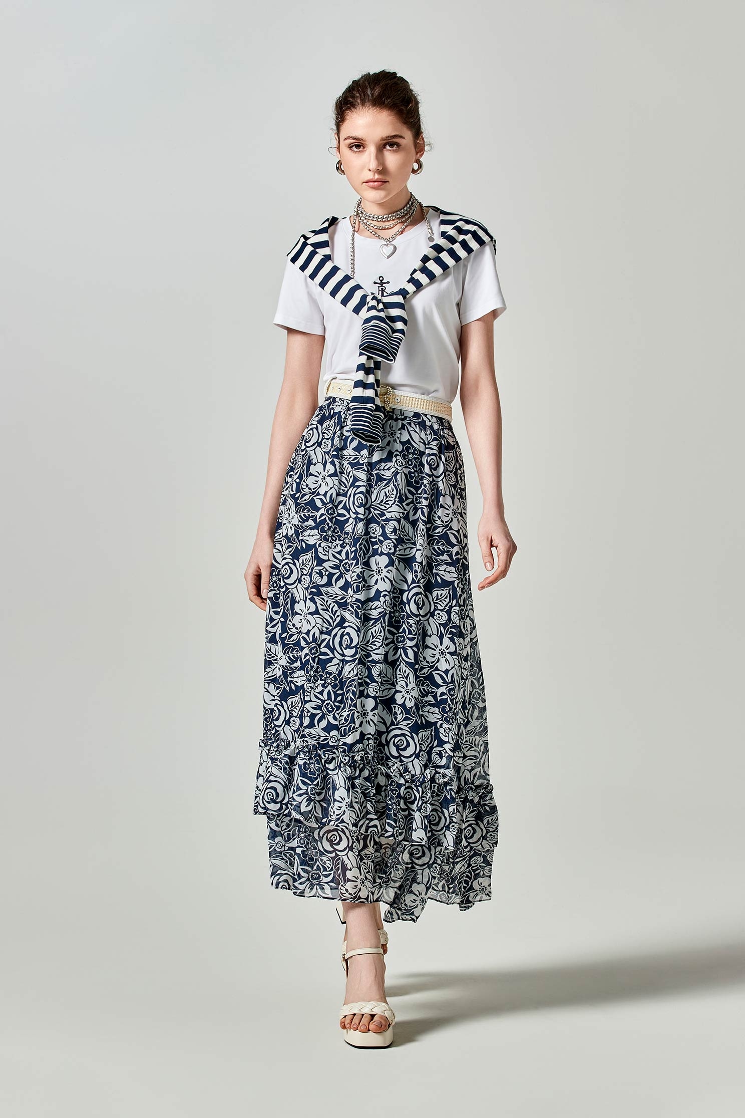 Floral Print Ruffle SkirtLong skirt with Blue Daze print,Season (SS) Look,Midi skirts,Chiffon