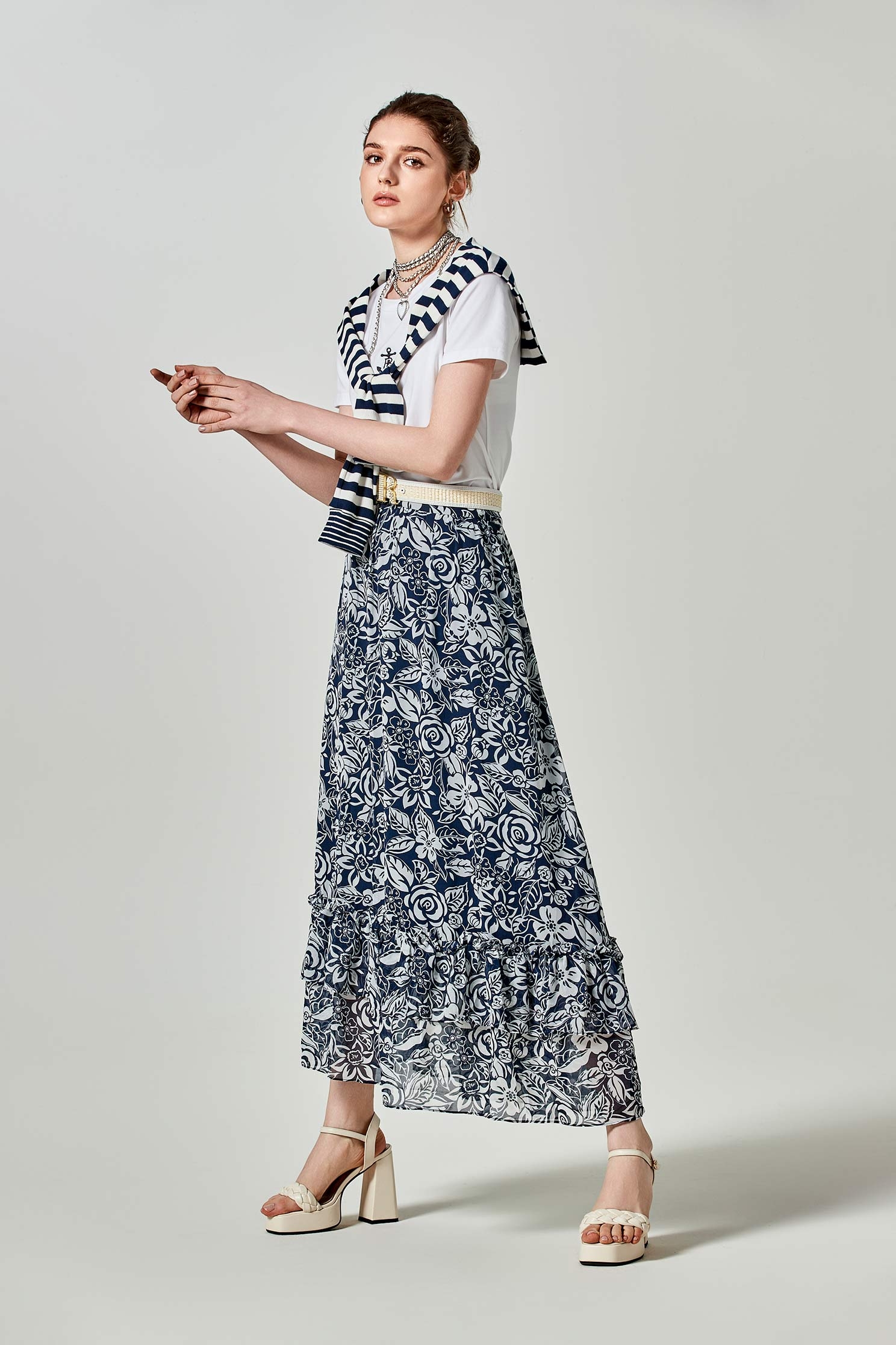 Floral Print Ruffle SkirtLong skirt with Blue Daze print,Season (SS) Look,Midi skirts,Chiffon