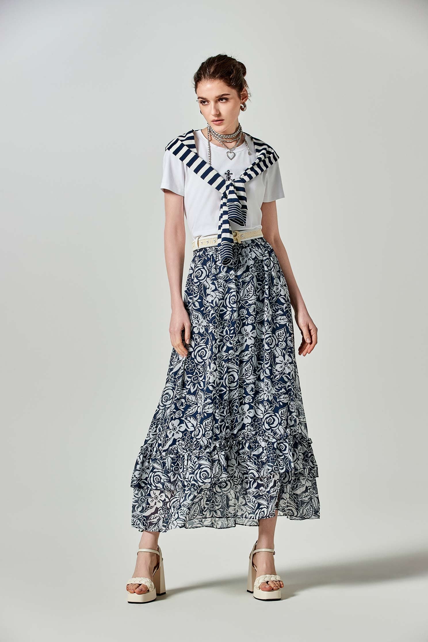 Floral Print Ruffle SkirtLong skirt with Blue Daze print,Season (SS) Look,Midi skirts,Chiffon