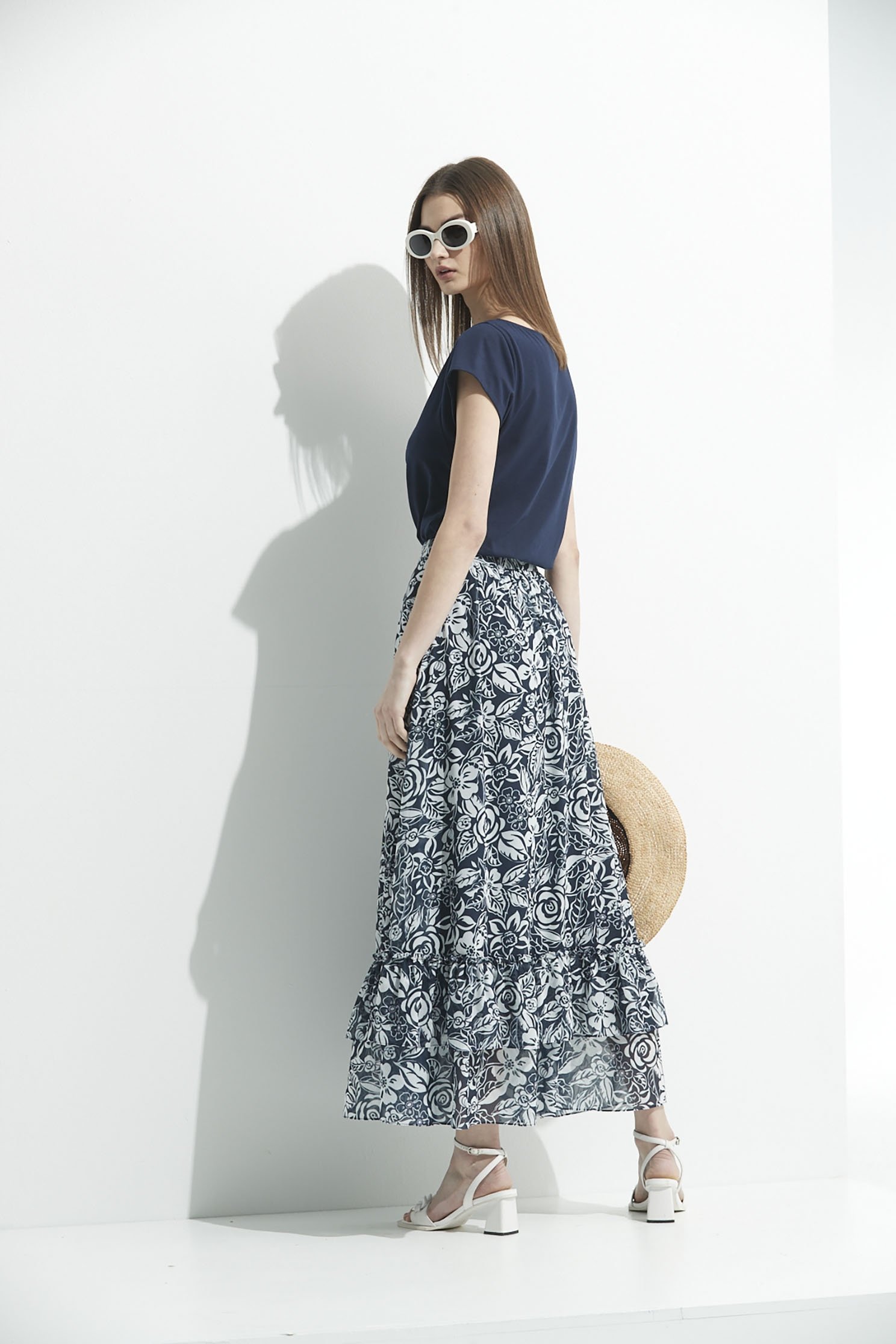 Floral Print Ruffle SkirtLong skirt with Blue Daze print,Season (SS) Look,Midi skirts,Chiffon