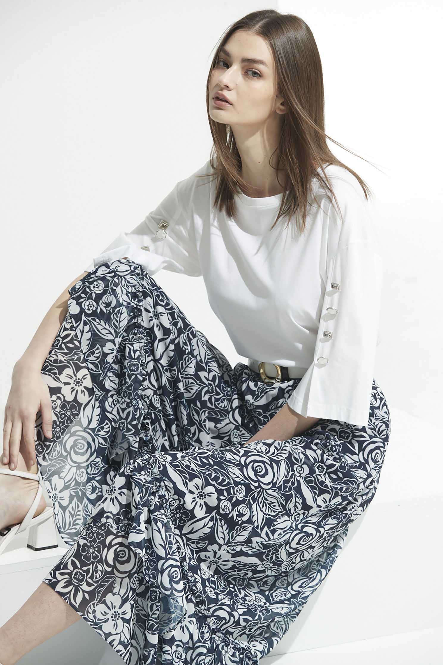 Floral Print Ruffle SkirtLong skirt with Blue Daze print,Season (SS) Look,Midi skirts,Chiffon