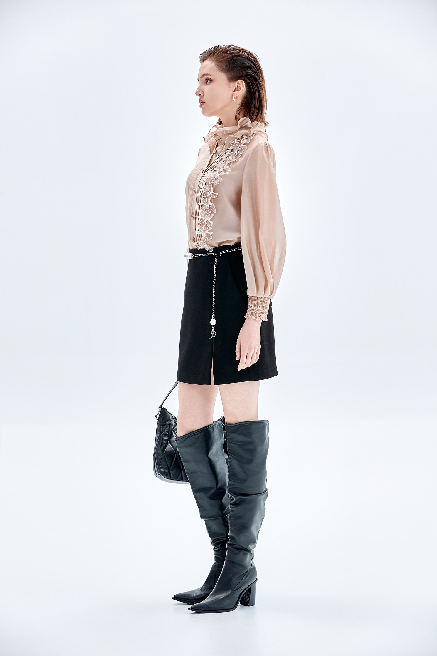 Side Slit Basic SkirtSide Slit Basic Skirt,pearl,Leather,Mini skirts,Season (AW) Look,Belts