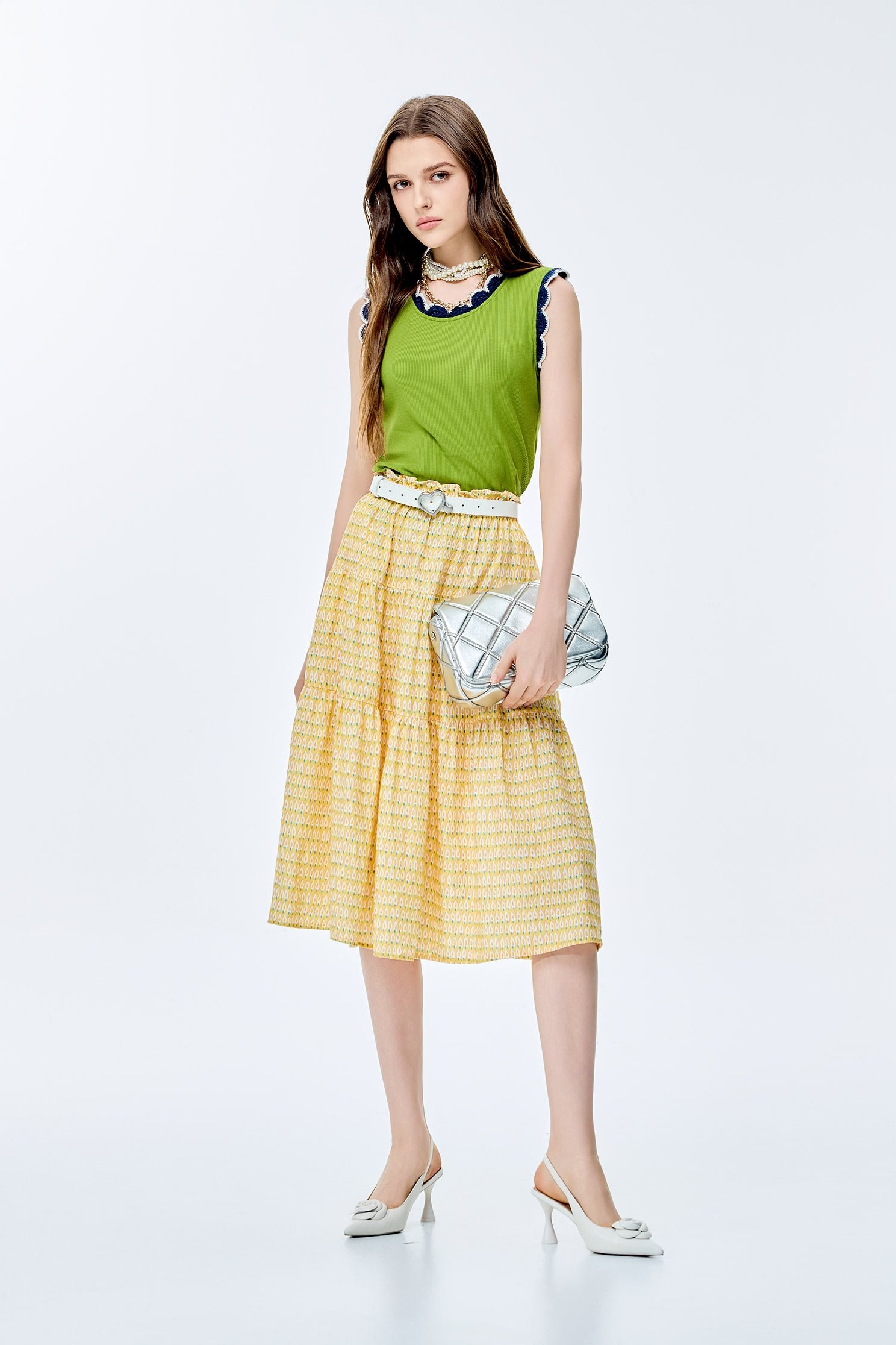 Avocado Pattern Print Tiered SkirtAvocado Pattern Print Tiered Skirt,Season (AW) Look,Layered skirts,Midi skirts