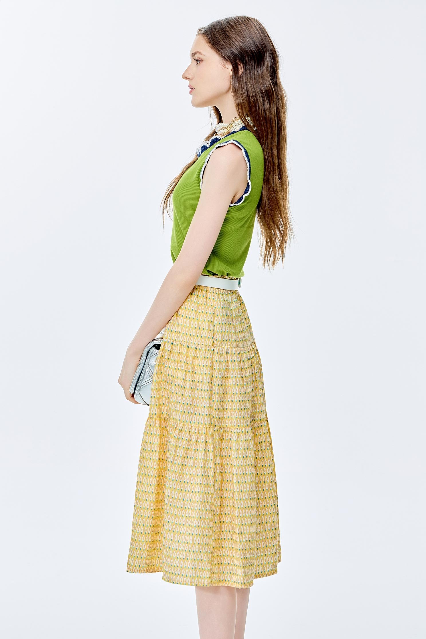 Avocado Pattern Print Tiered SkirtAvocado Pattern Print Tiered Skirt,Season (AW) Look,Layered skirts,Midi skirts