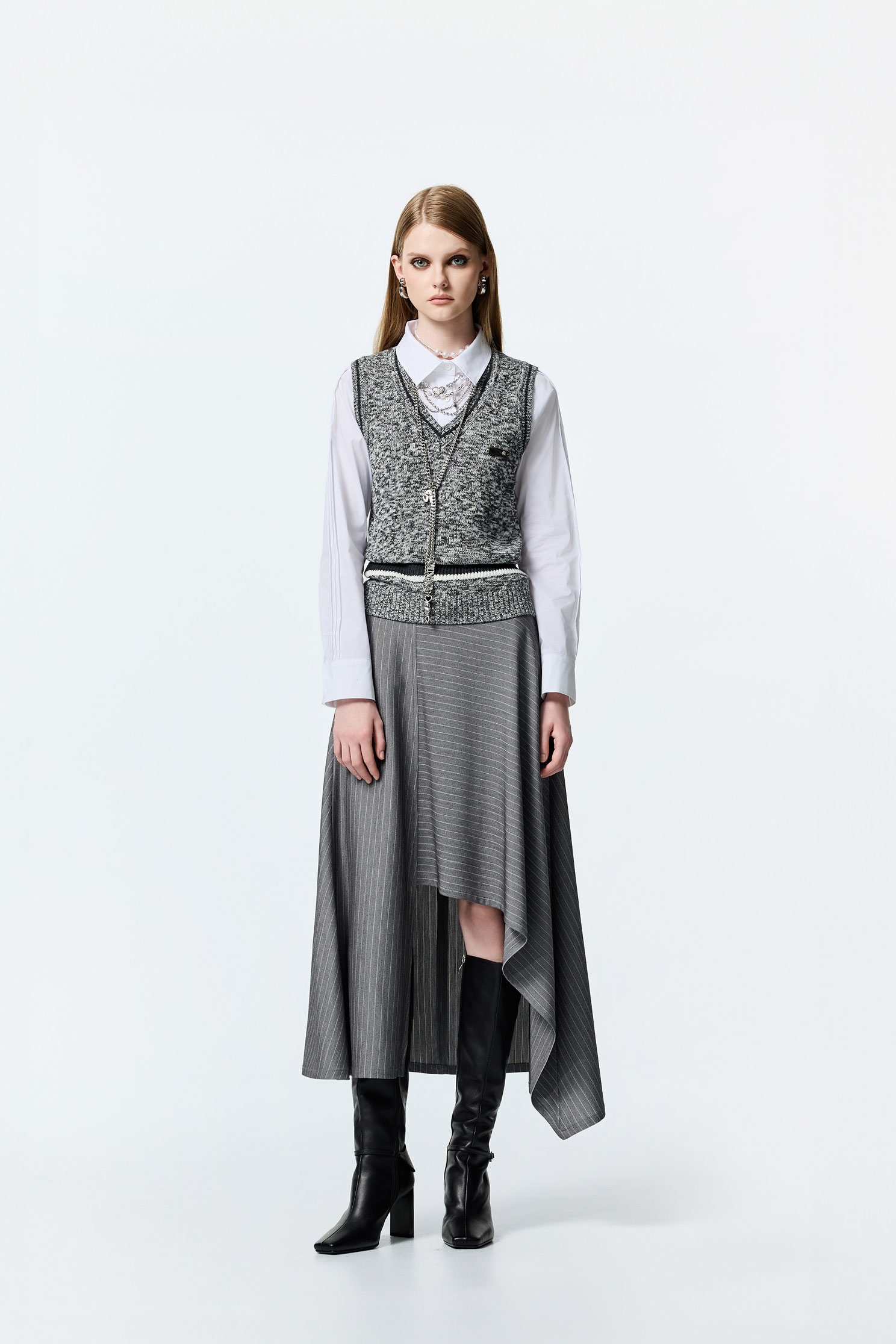 Pinstripe Asymmetric Long SkirtPinstripe Asymmetric Long Skirt,Stripe,Season (AW) Look,Midi skirts