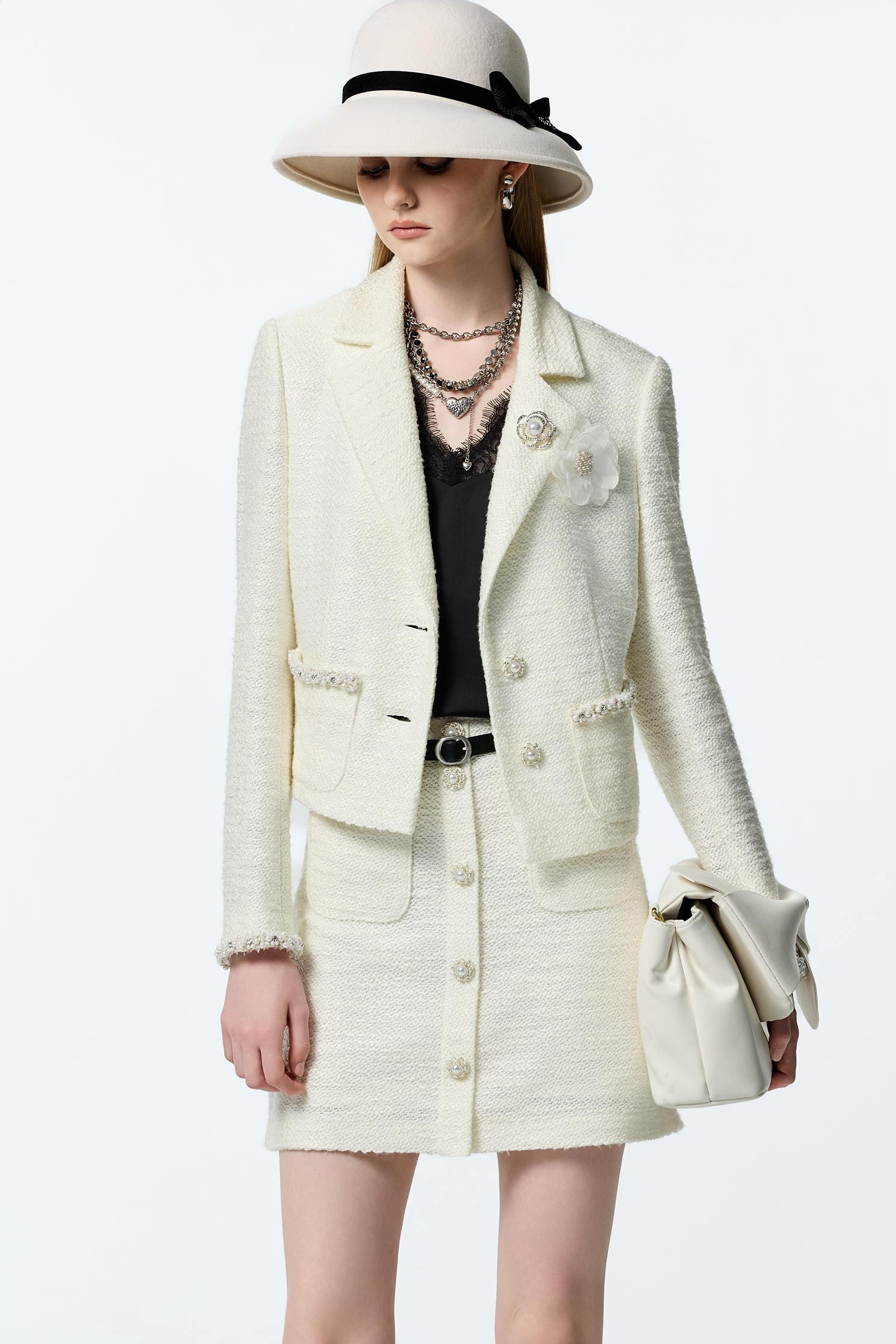 Off White Tweed SkirtOff White Tweed Skirt,pearl,White skirts,Mini skirts,Season (AW) Look
