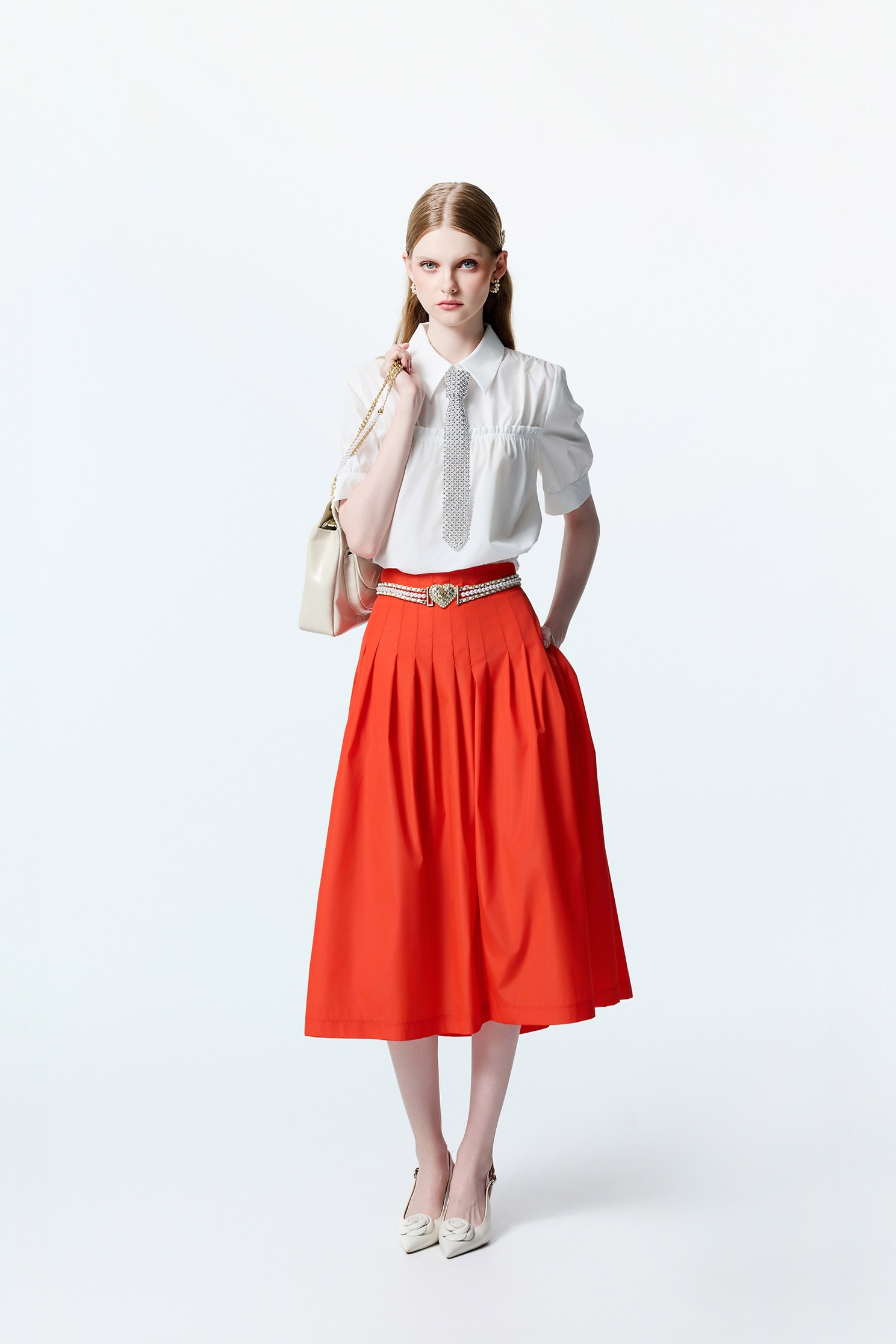 Reddish Orange Pleated SkirtReddish Orange Pleated Skirt,Season (AW) Look,Midi skirts