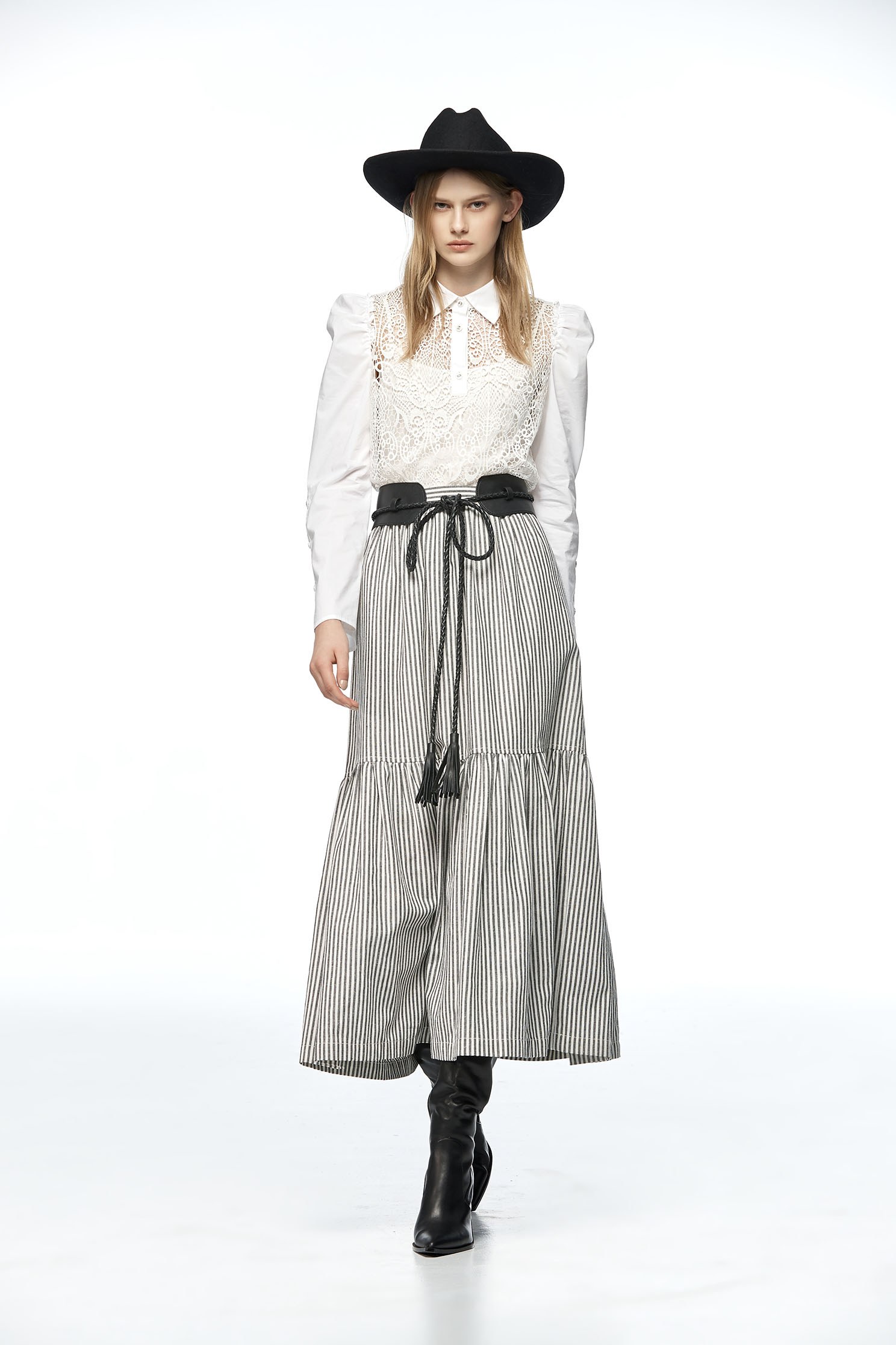 Stripe Tiered Midi SkirtBelted long skirt,Queen,Stripe,Belts,Season (AW) Look,Belts,Midi skirts