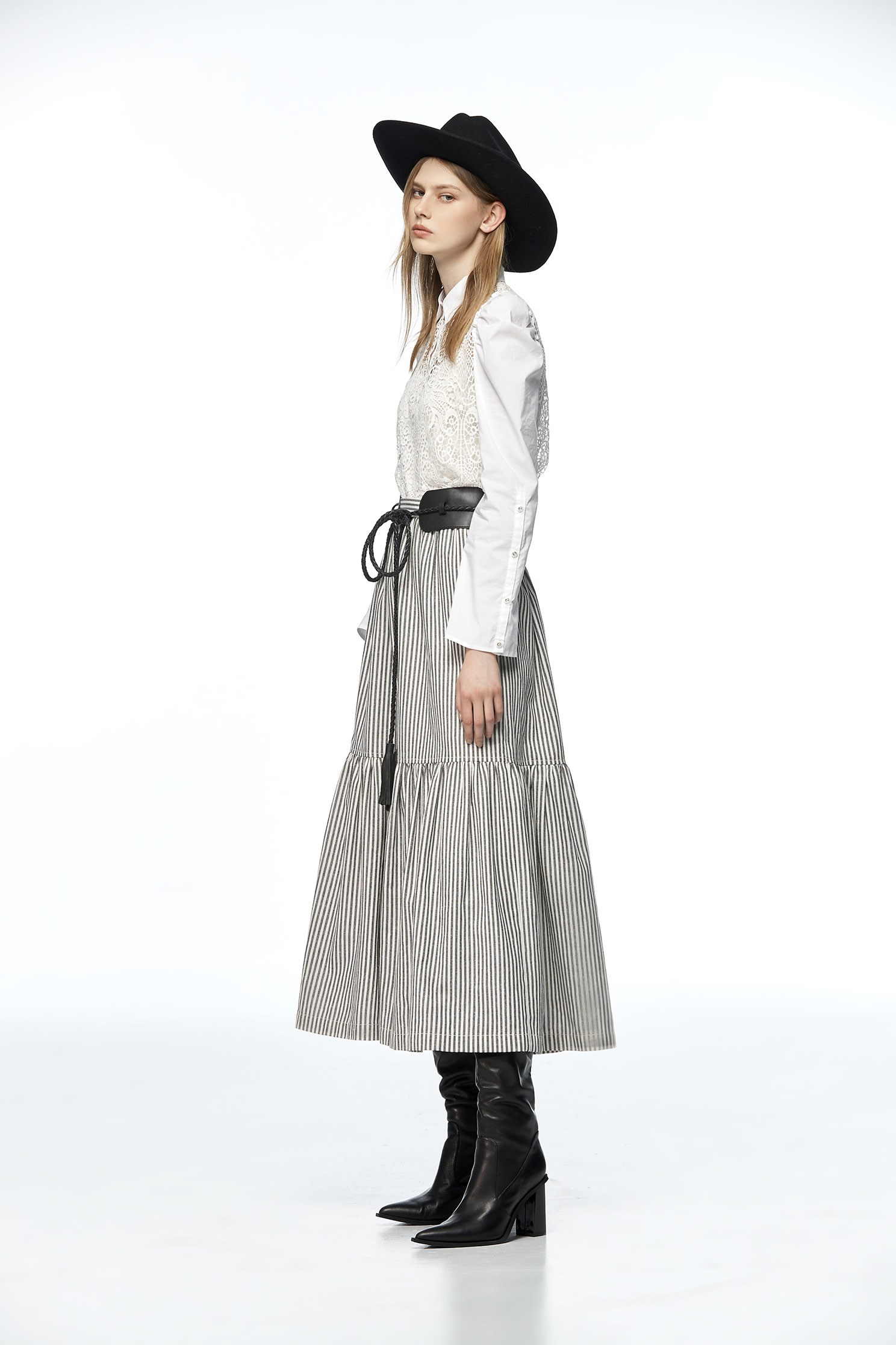 Stripe Tiered Midi SkirtBelted long skirt,Queen,Stripe,Belts,Season (AW) Look,Belts,Midi skirts