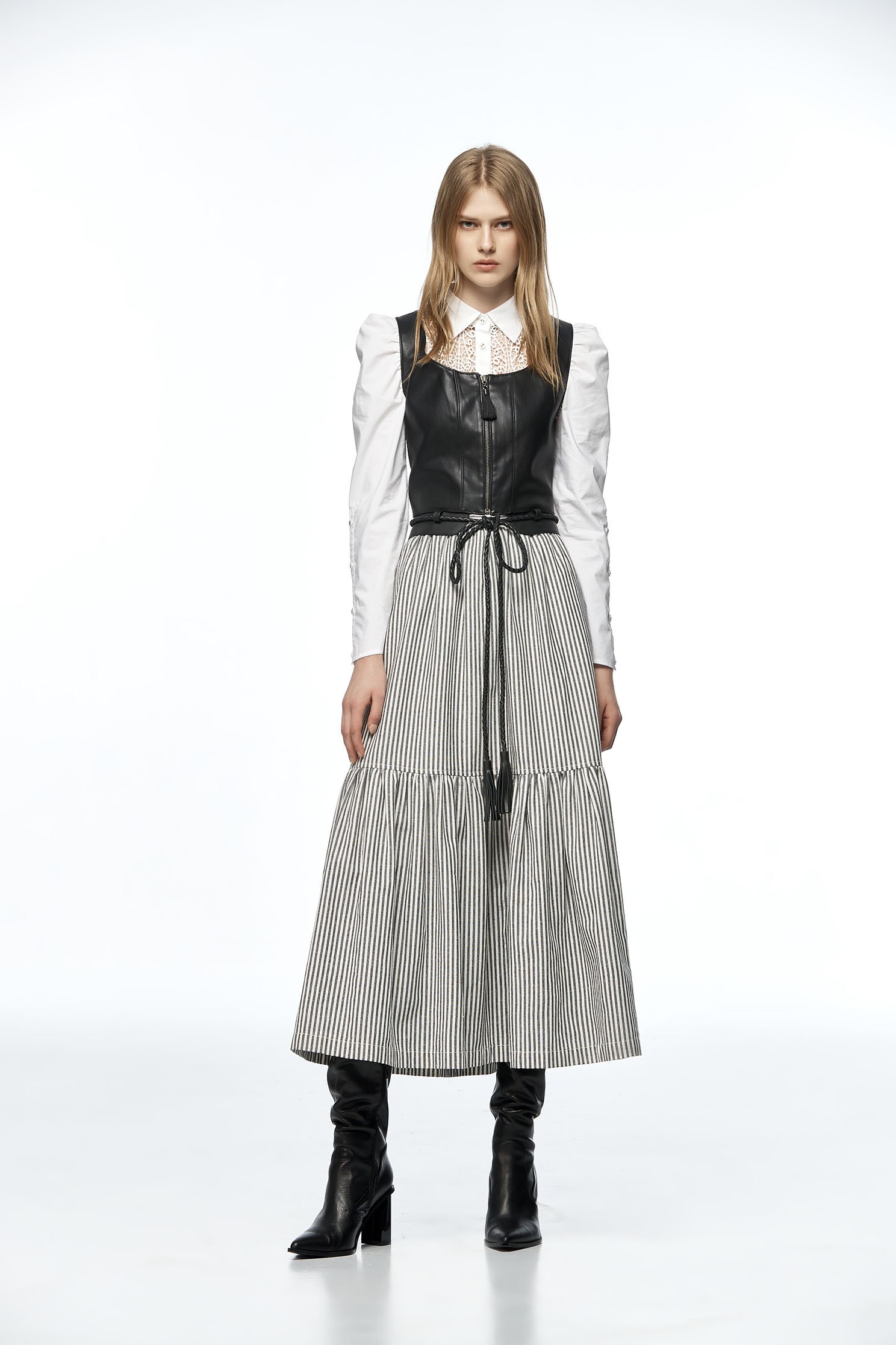 Stripe Tiered Midi SkirtBelted long skirt,Queen,Stripe,Belts,Season (AW) Look,Belts,Midi skirts