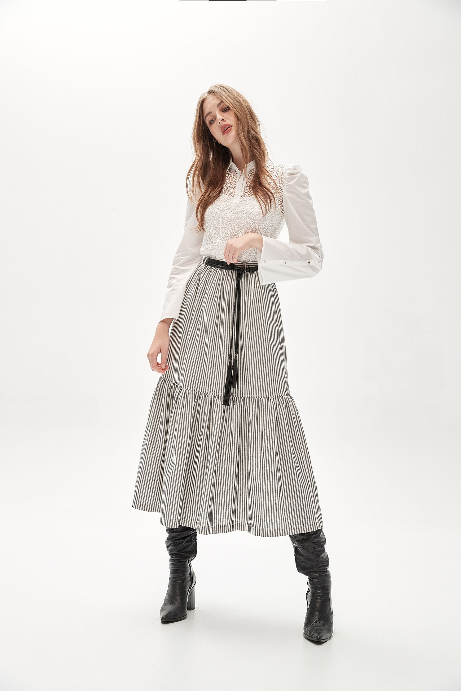 Stripe Tiered Midi SkirtBelted long skirt,Queen,Stripe,Belts,Season (AW) Look,Belts,Midi skirts