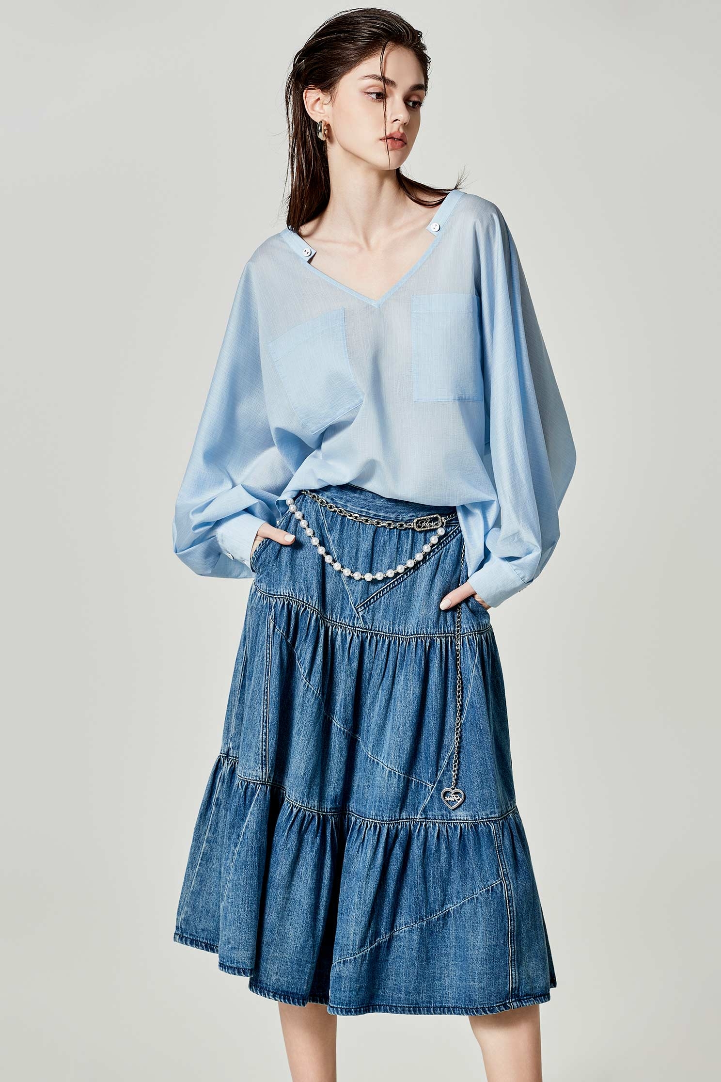 Denim Midi Tiered SkirtDenim Midi Tiered Skirt,Denim,Denim skirts,Season (AW) Look,Cotton