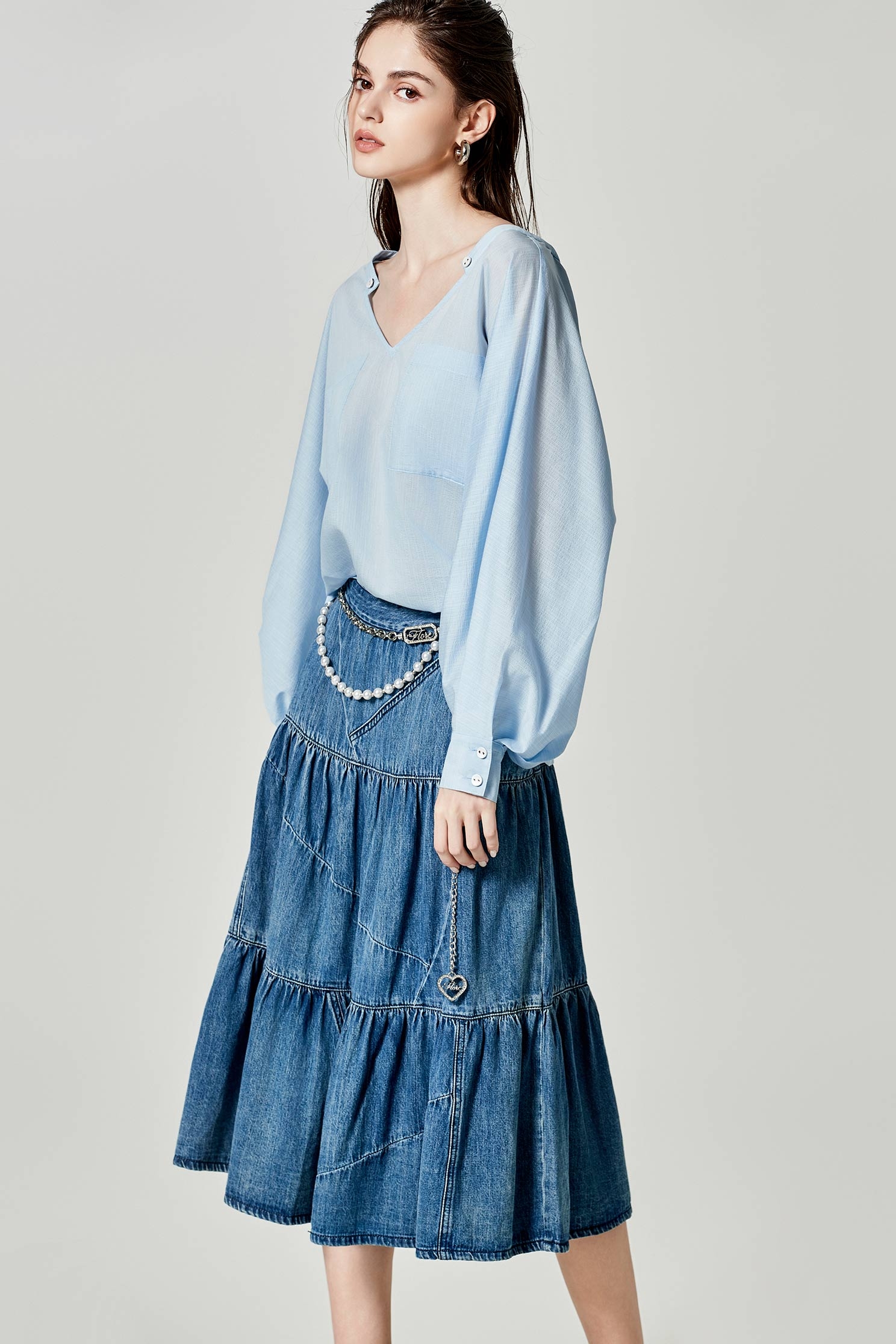 Denim Midi Tiered SkirtDenim Midi Tiered Skirt,Denim,Denim skirts,Season (AW) Look,Cotton