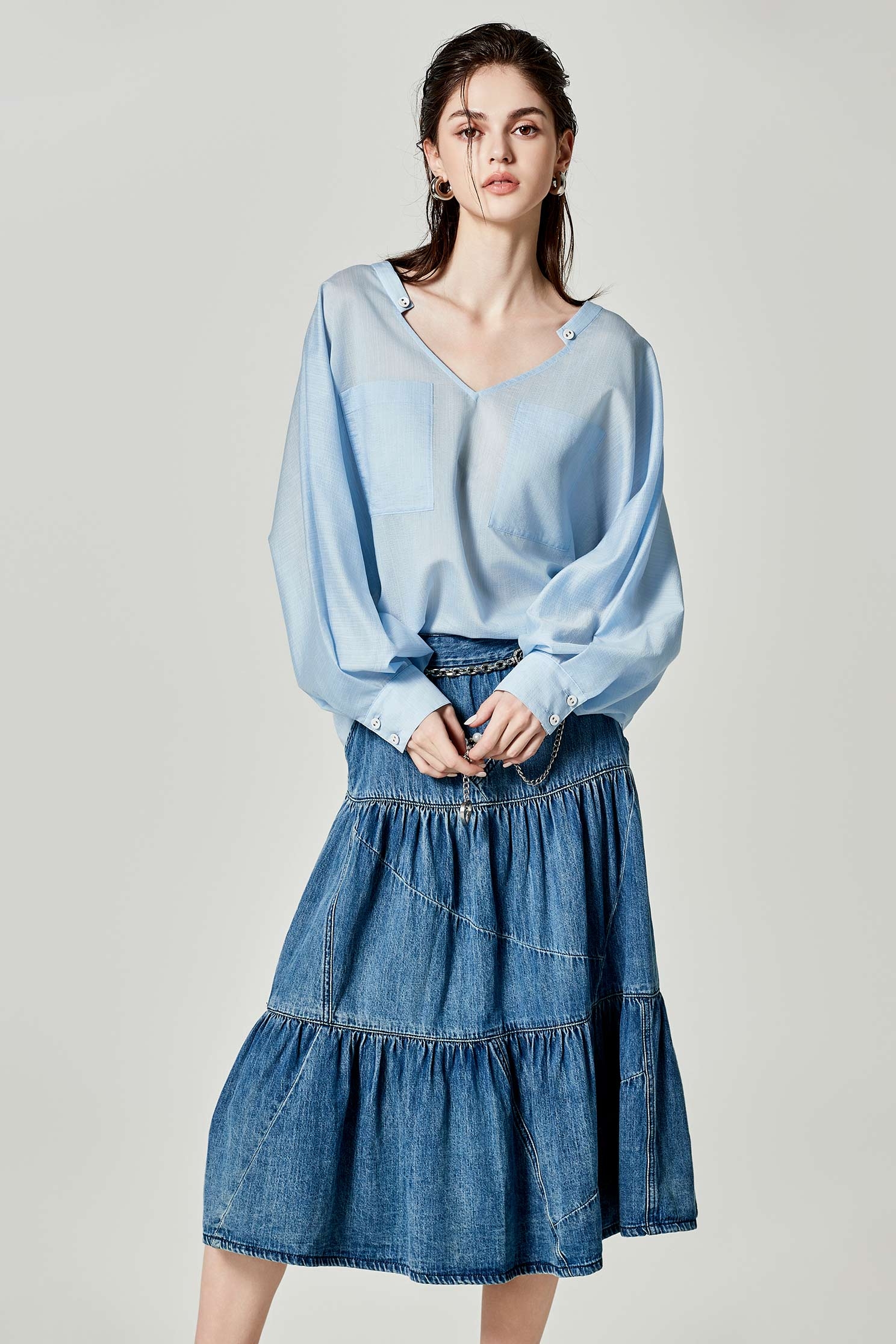 Denim Midi Tiered SkirtDenim Midi Tiered Skirt,Denim,Denim skirts,Season (AW) Look,Cotton